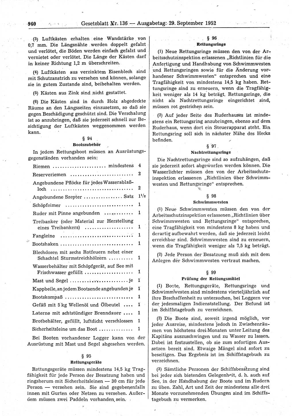 Gesetzblatt (GBl.) der Deutschen Demokratischen Republik (DDR) 1952, Seite 960 (GBl. DDR 1952, S. 960)