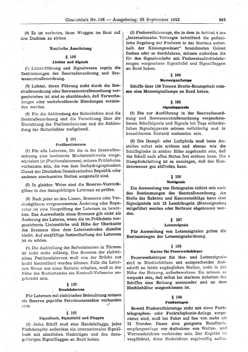 Gesetzblatt (GBl.) der Deutschen Demokratischen Republik (DDR) 1952, Seite 961 (GBl. DDR 1952, S. 961)