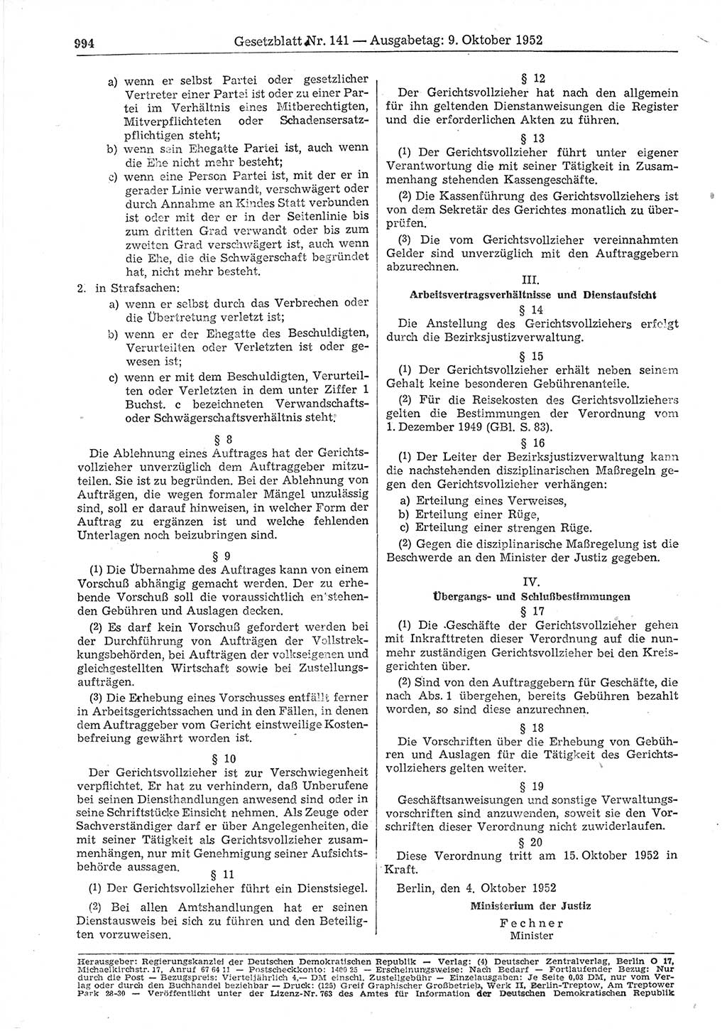 Gesetzblatt (GBl.) der Deutschen Demokratischen Republik (DDR) 1952, Seite 994 (GBl. DDR 1952, S. 994)