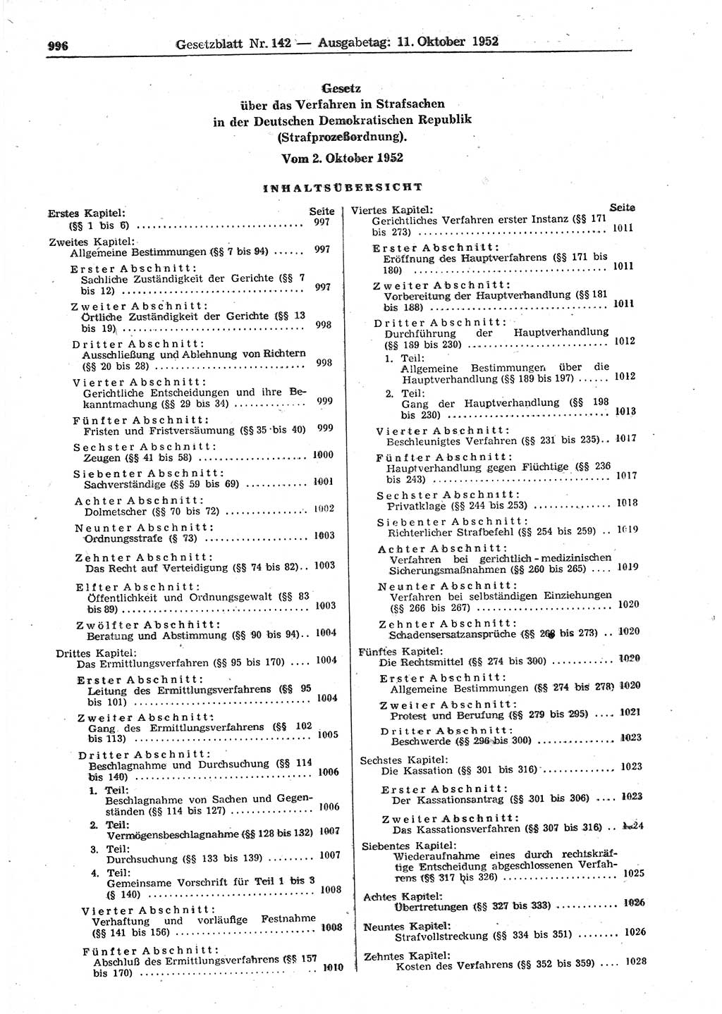 Gesetzblatt (GBl.) der Deutschen Demokratischen Republik (DDR) 1952, Seite 996 (GBl. DDR 1952, S. 996)