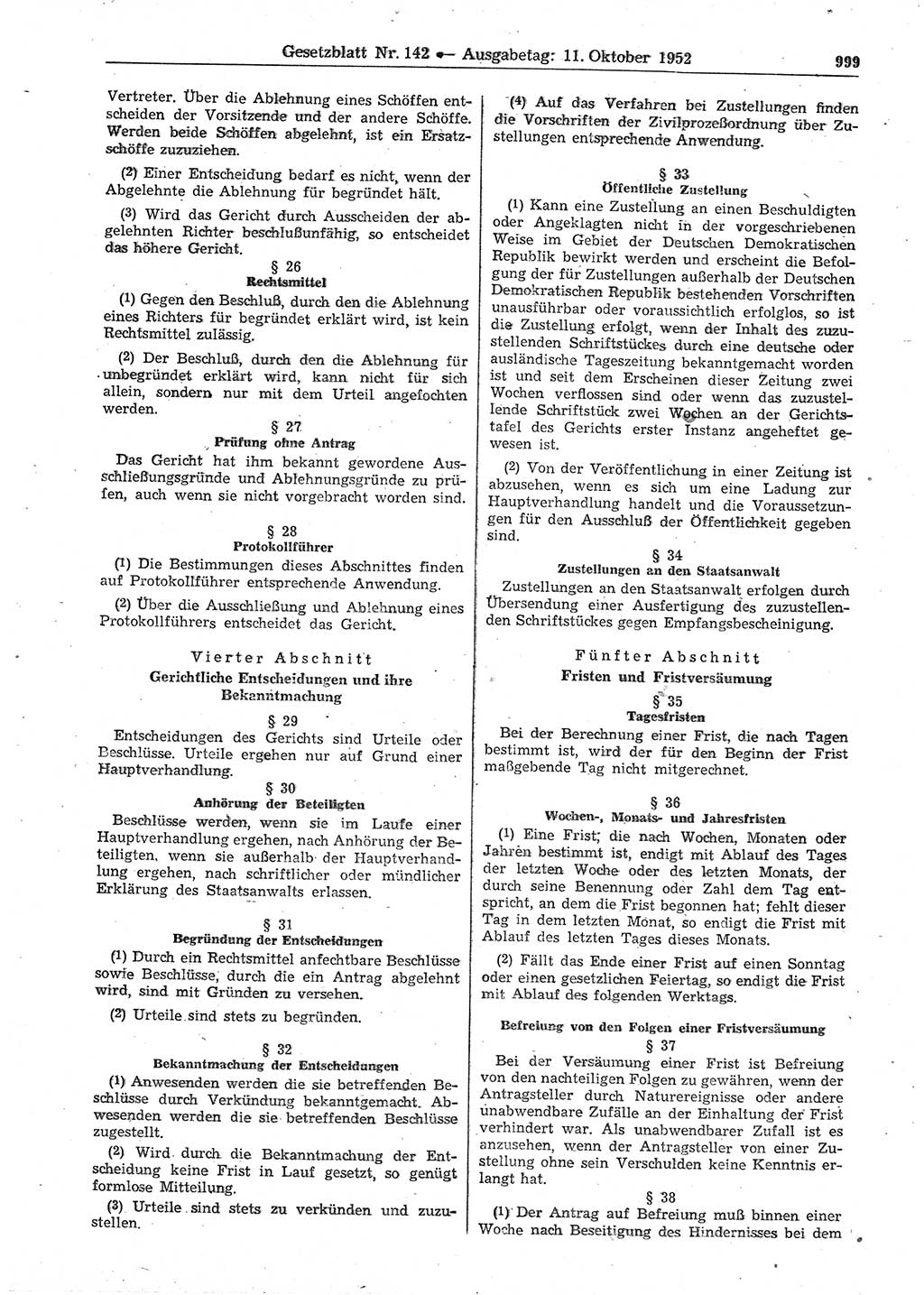 Gesetzblatt (GBl.) der Deutschen Demokratischen Republik (DDR) 1952, Seite 999 (GBl. DDR 1952, S. 999)