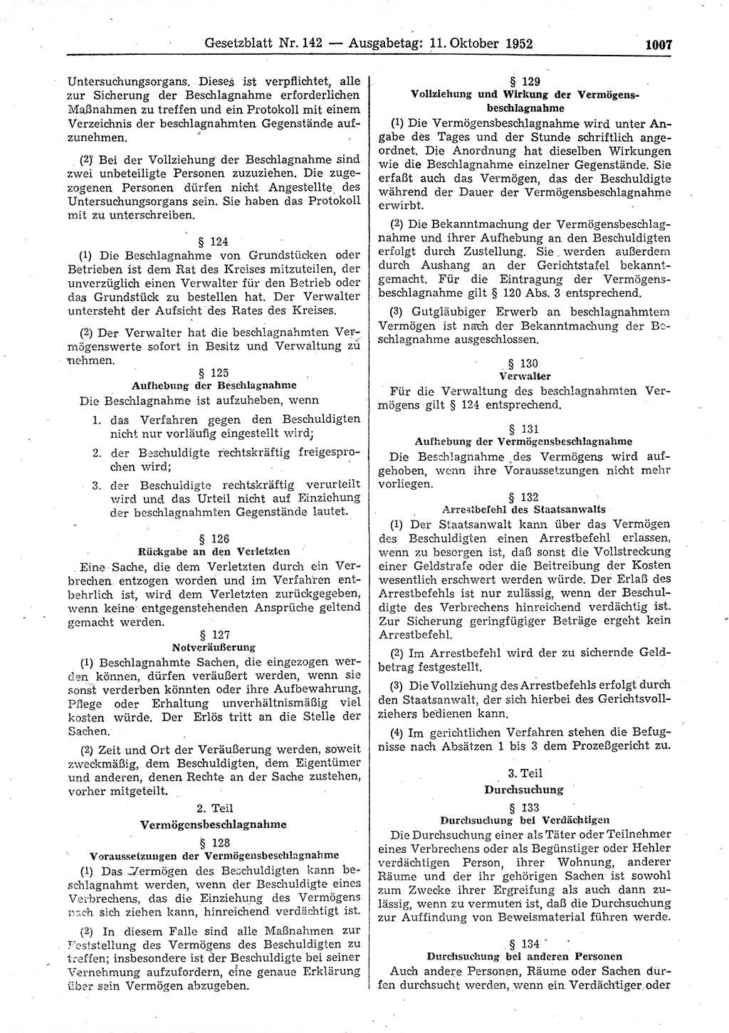 Gesetzblatt (GBl.) der Deutschen Demokratischen Republik (DDR) 1952, Seite 1007 (GBl. DDR 1952, S. 1007)