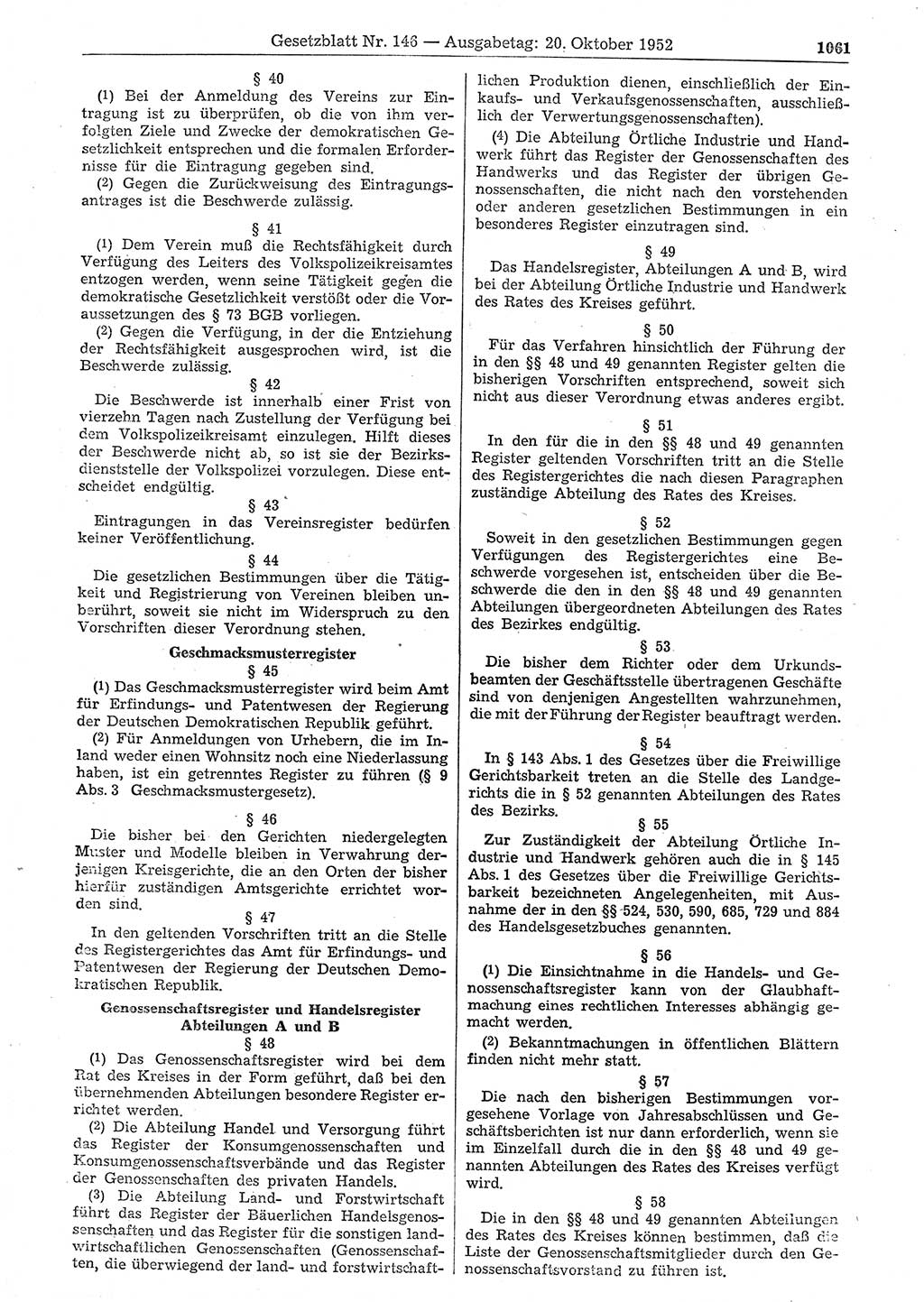 Gesetzblatt (GBl.) der Deutschen Demokratischen Republik (DDR) 1952, Seite 1061 (GBl. DDR 1952, S. 1061)