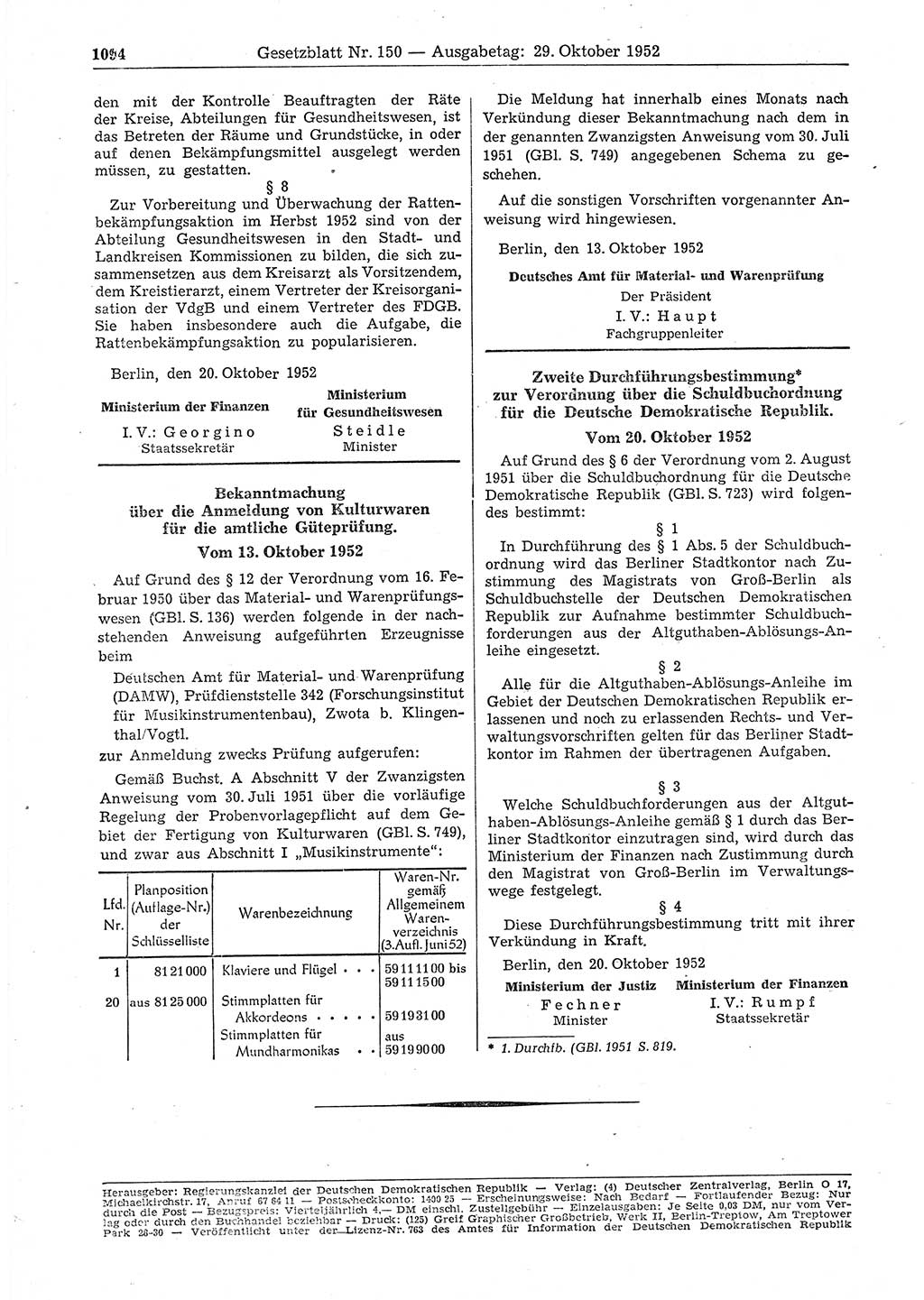 Gesetzblatt (GBl.) der Deutschen Demokratischen Republik (DDR) 1952, Seite 1094 (GBl. DDR 1952, S. 1094)