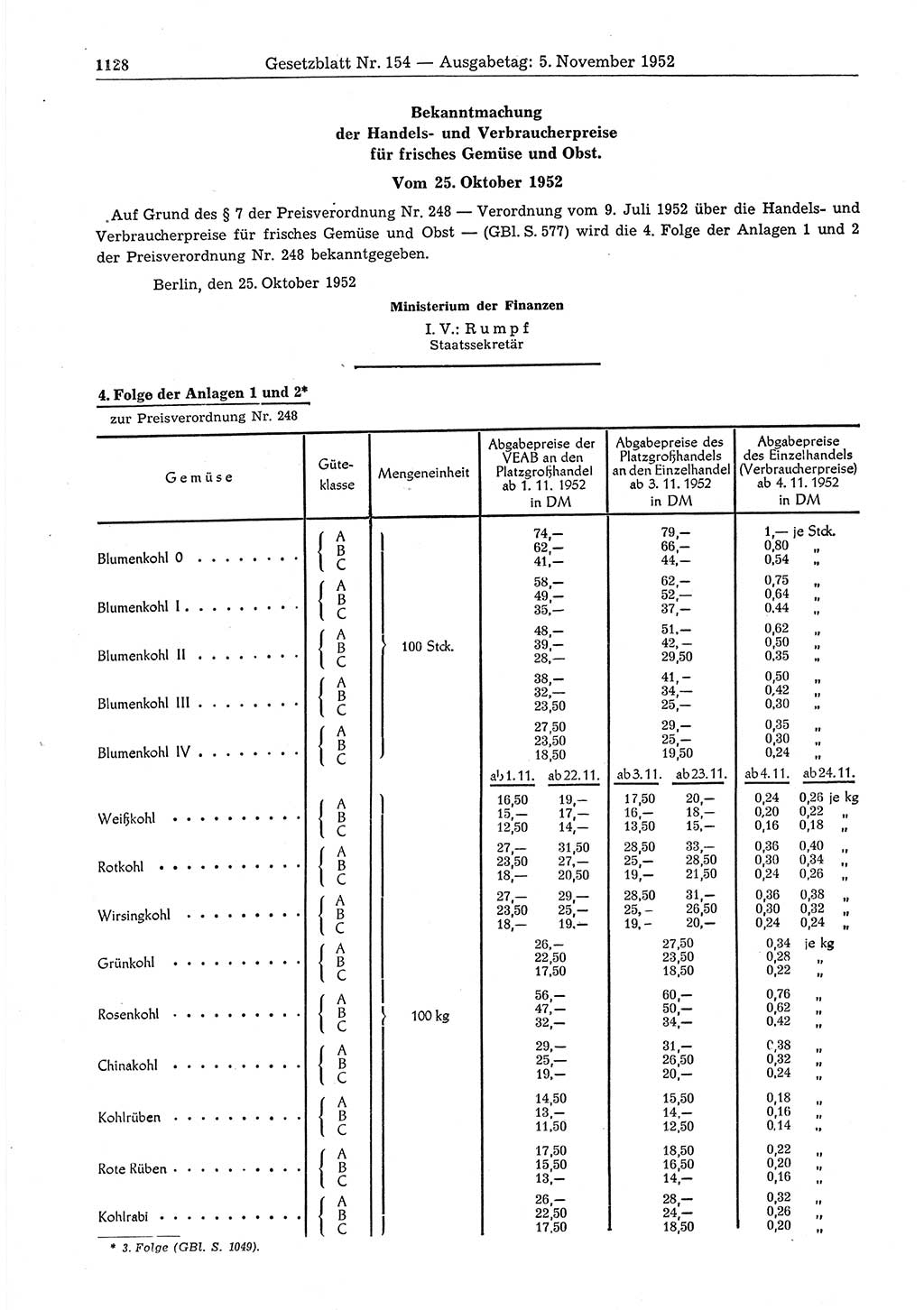 Gesetzblatt (GBl.) der Deutschen Demokratischen Republik (DDR) 1952, Seite 1128 (GBl. DDR 1952, S. 1128)