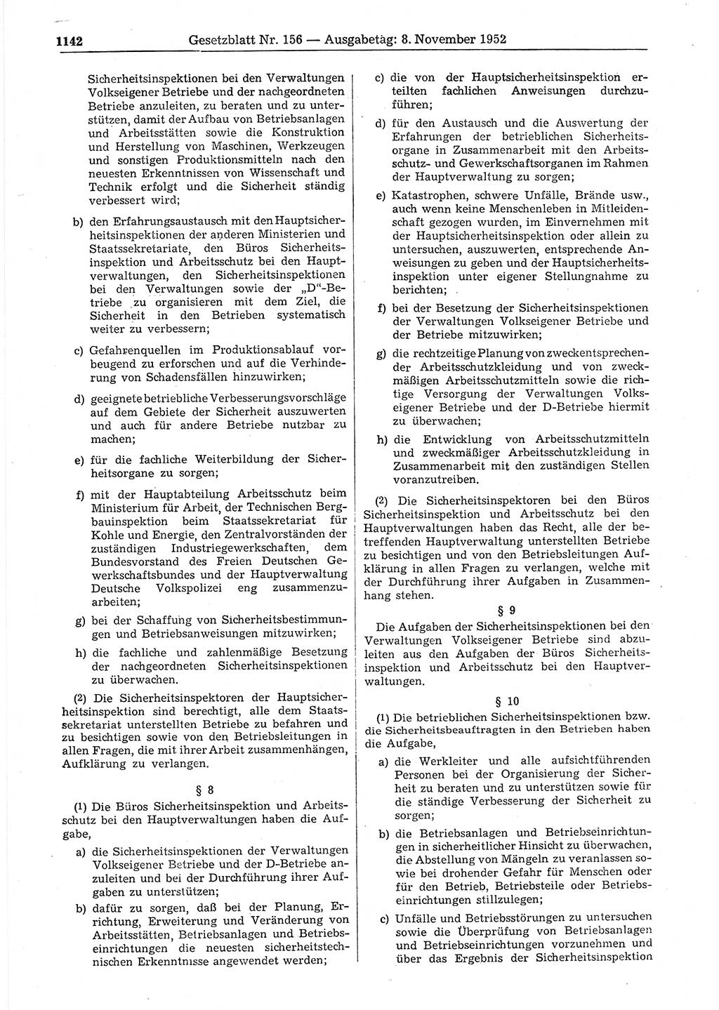 Gesetzblatt (GBl.) der Deutschen Demokratischen Republik (DDR) 1952, Seite 1142 (GBl. DDR 1952, S. 1142)