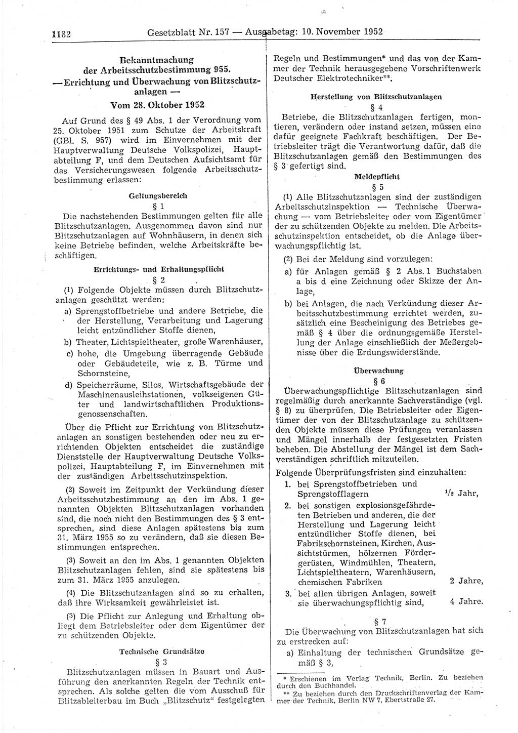 Gesetzblatt (GBl.) der Deutschen Demokratischen Republik (DDR) 1952, Seite 1182 (GBl. DDR 1952, S. 1182)