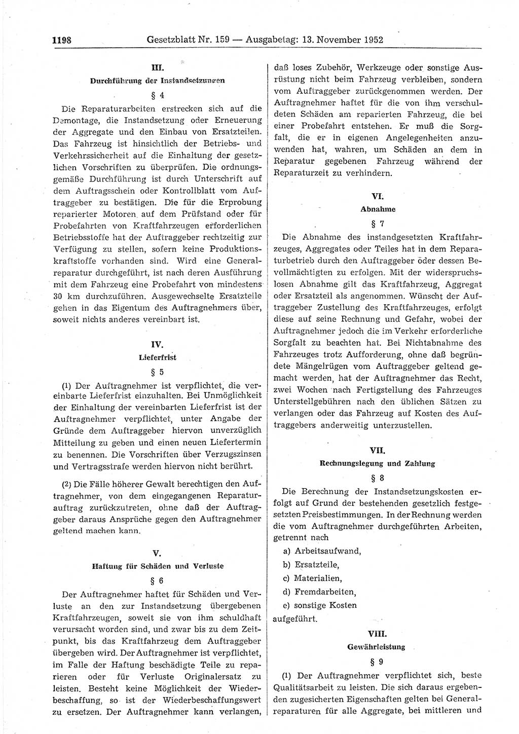 Gesetzblatt (GBl.) der Deutschen Demokratischen Republik (DDR) 1952, Seite 1198 (GBl. DDR 1952, S. 1198)