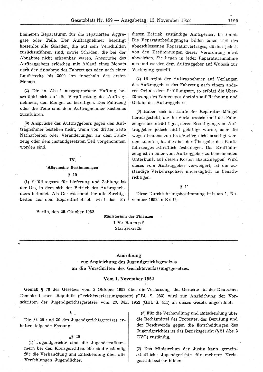 Gesetzblatt (GBl.) der Deutschen Demokratischen Republik (DDR) 1952, Seite 1199 (GBl. DDR 1952, S. 1199)