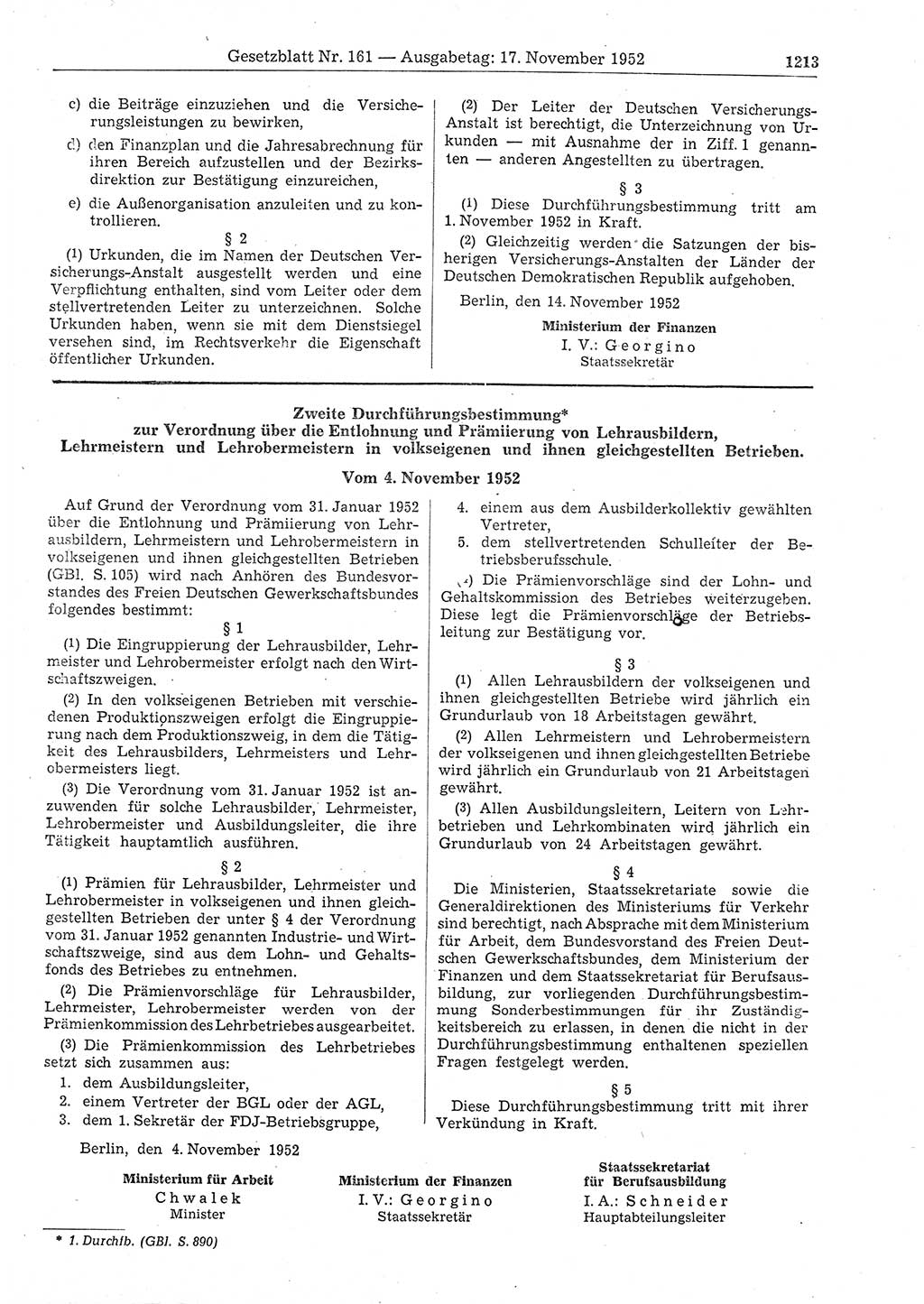 Gesetzblatt (GBl.) der Deutschen Demokratischen Republik (DDR) 1952, Seite 1213 (GBl. DDR 1952, S. 1213)