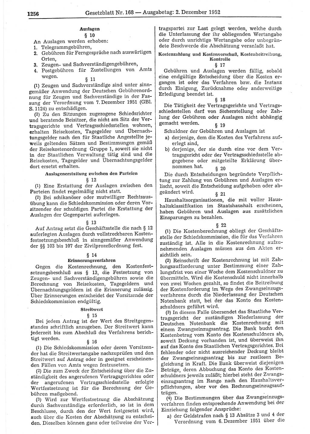 Gesetzblatt (GBl.) der Deutschen Demokratischen Republik (DDR) 1952, Seite 1256 (GBl. DDR 1952, S. 1256)