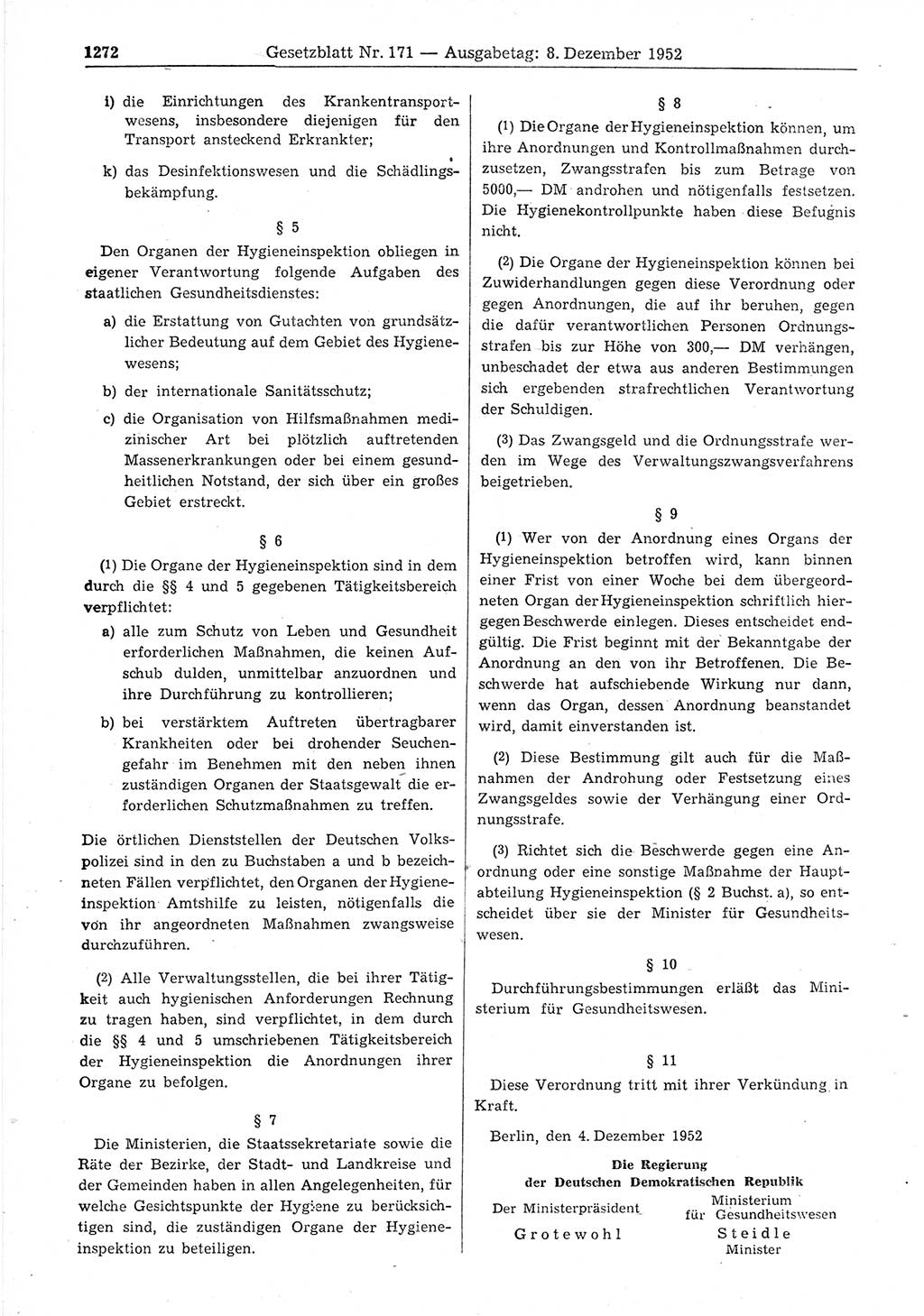 Gesetzblatt (GBl.) der Deutschen Demokratischen Republik (DDR) 1952, Seite 1272 (GBl. DDR 1952, S. 1272)