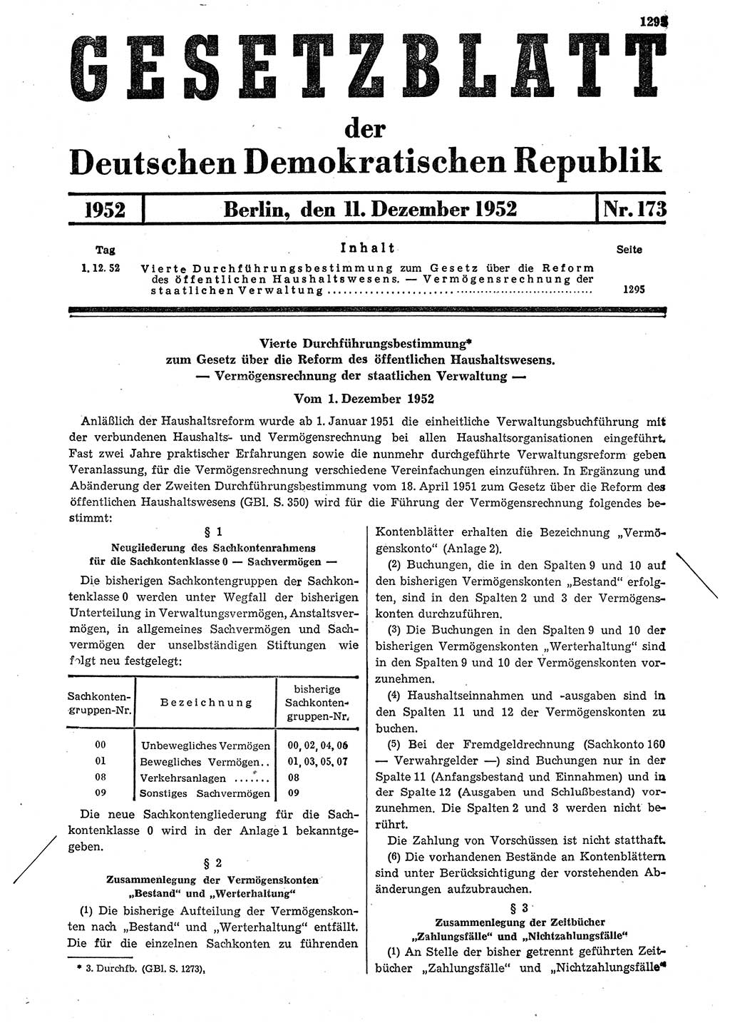 Gesetzblatt (GBl.) der Deutschen Demokratischen Republik (DDR) 1952, Seite 1295 (GBl. DDR 1952, S. 1295)