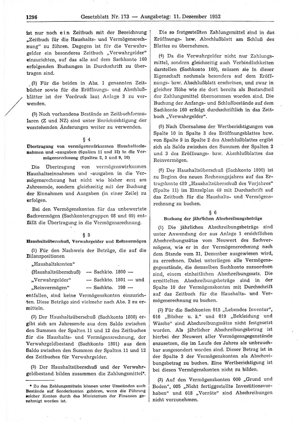 Gesetzblatt (GBl.) der Deutschen Demokratischen Republik (DDR) 1952, Seite 1296 (GBl. DDR 1952, S. 1296)