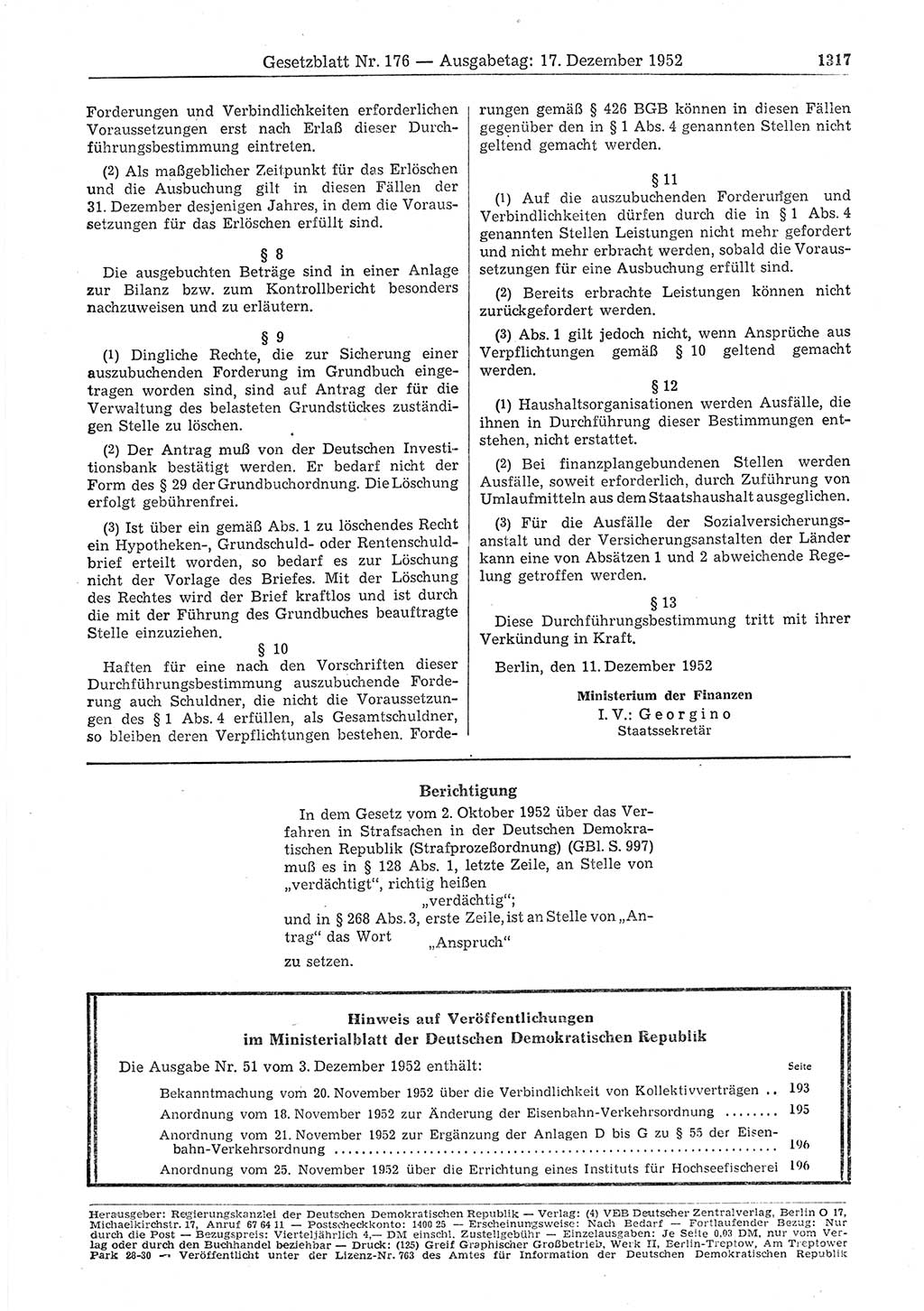 Gesetzblatt (GBl.) der Deutschen Demokratischen Republik (DDR) 1952, Seite 1317 (GBl. DDR 1952, S. 1317)