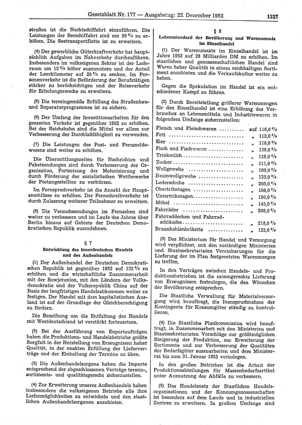 Gesetzblatt (GBl.) der Deutschen Demokratischen Republik (DDR) 1952, Seite 1327 (GBl. DDR 1952, S. 1327)