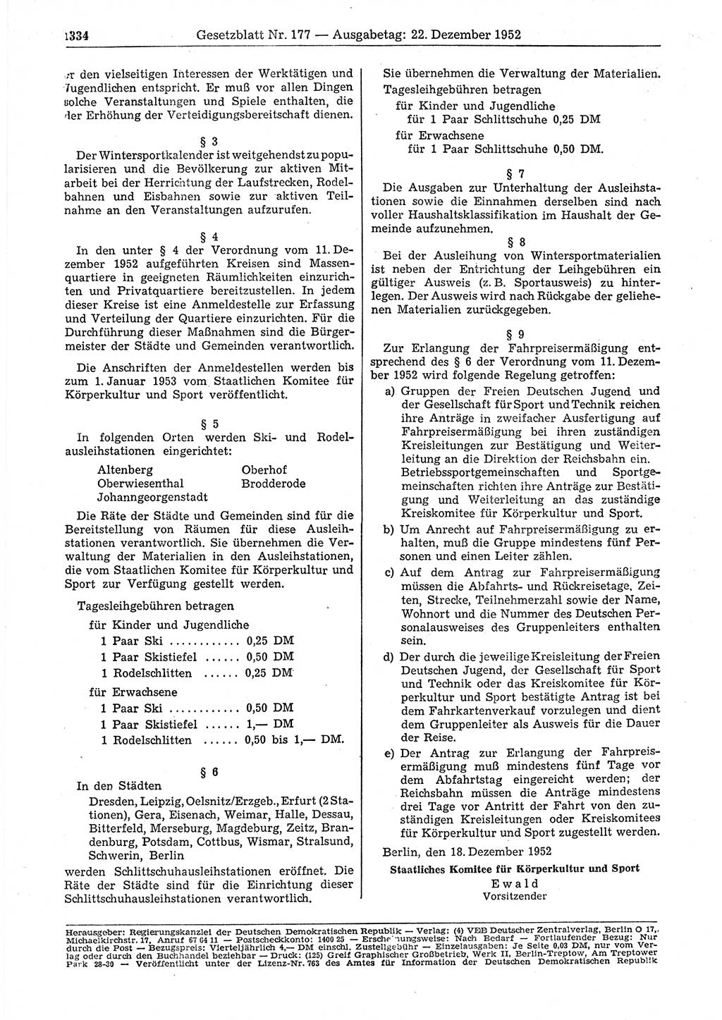 Gesetzblatt (GBl.) der Deutschen Demokratischen Republik (DDR) 1952, Seite 1334 (GBl. DDR 1952, S. 1334)