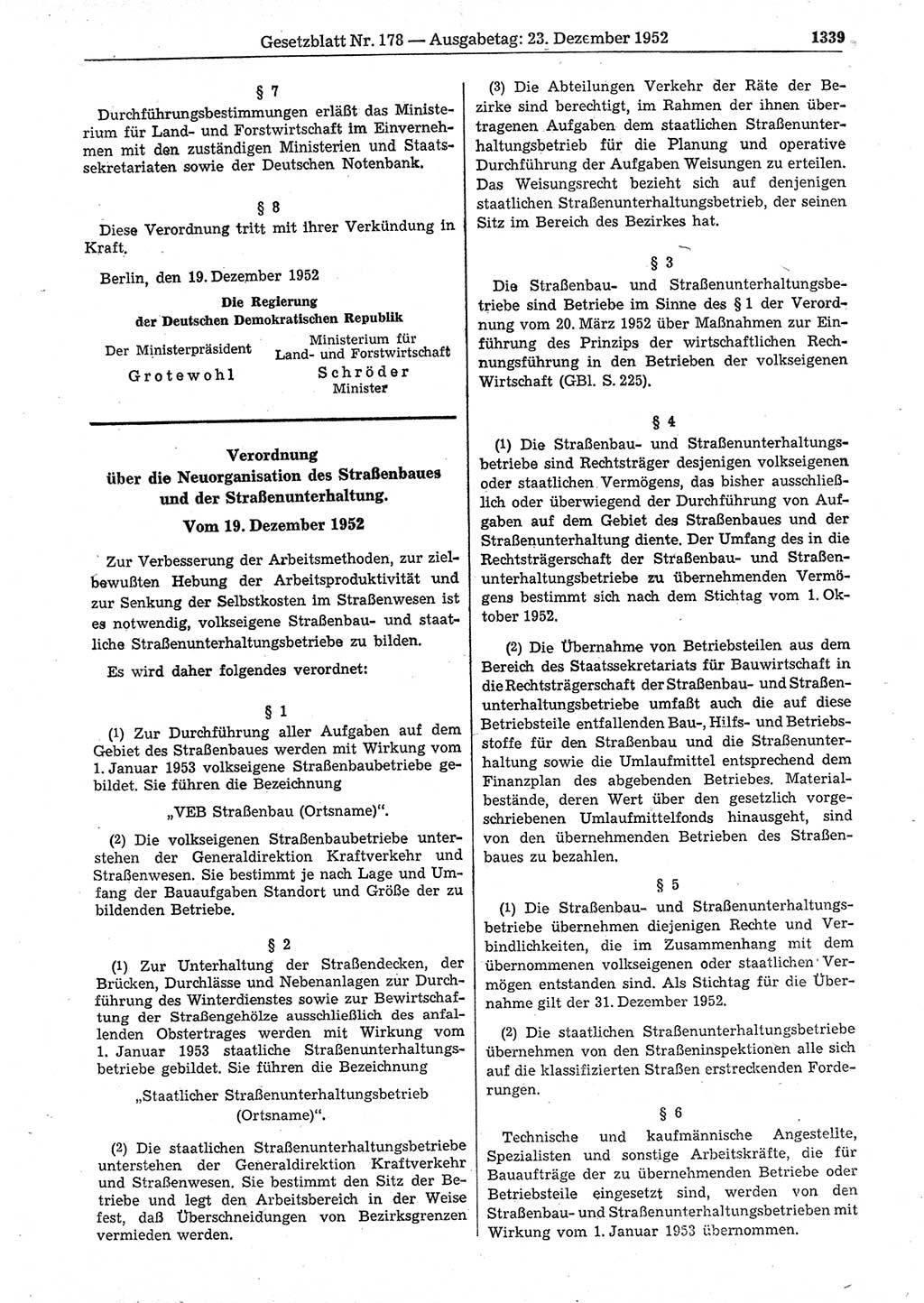 Gesetzblatt (GBl.) der Deutschen Demokratischen Republik (DDR) 1952, Seite 1339 (GBl. DDR 1952, S. 1339)