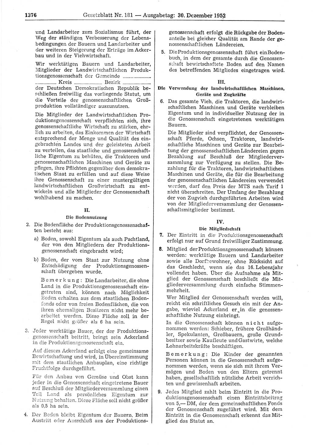 Gesetzblatt (GBl.) der Deutschen Demokratischen Republik (DDR) 1952, Seite 1376 (GBl. DDR 1952, S. 1376)