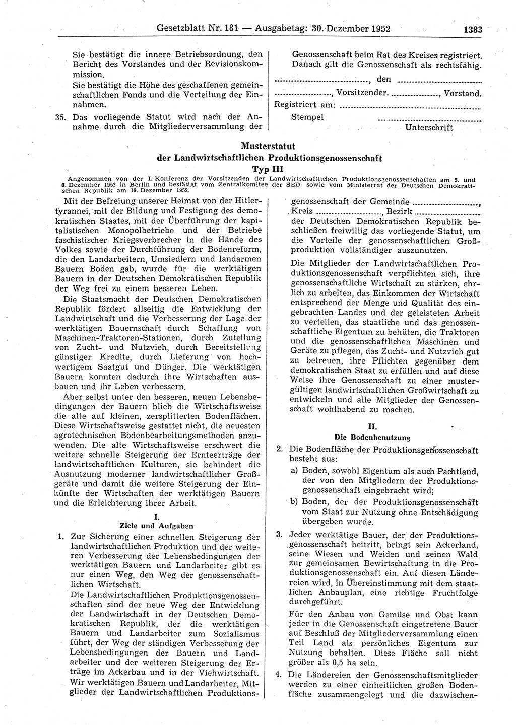 Gesetzblatt (GBl.) der Deutschen Demokratischen Republik (DDR) 1952, Seite 1383 (GBl. DDR 1952, S. 1383)