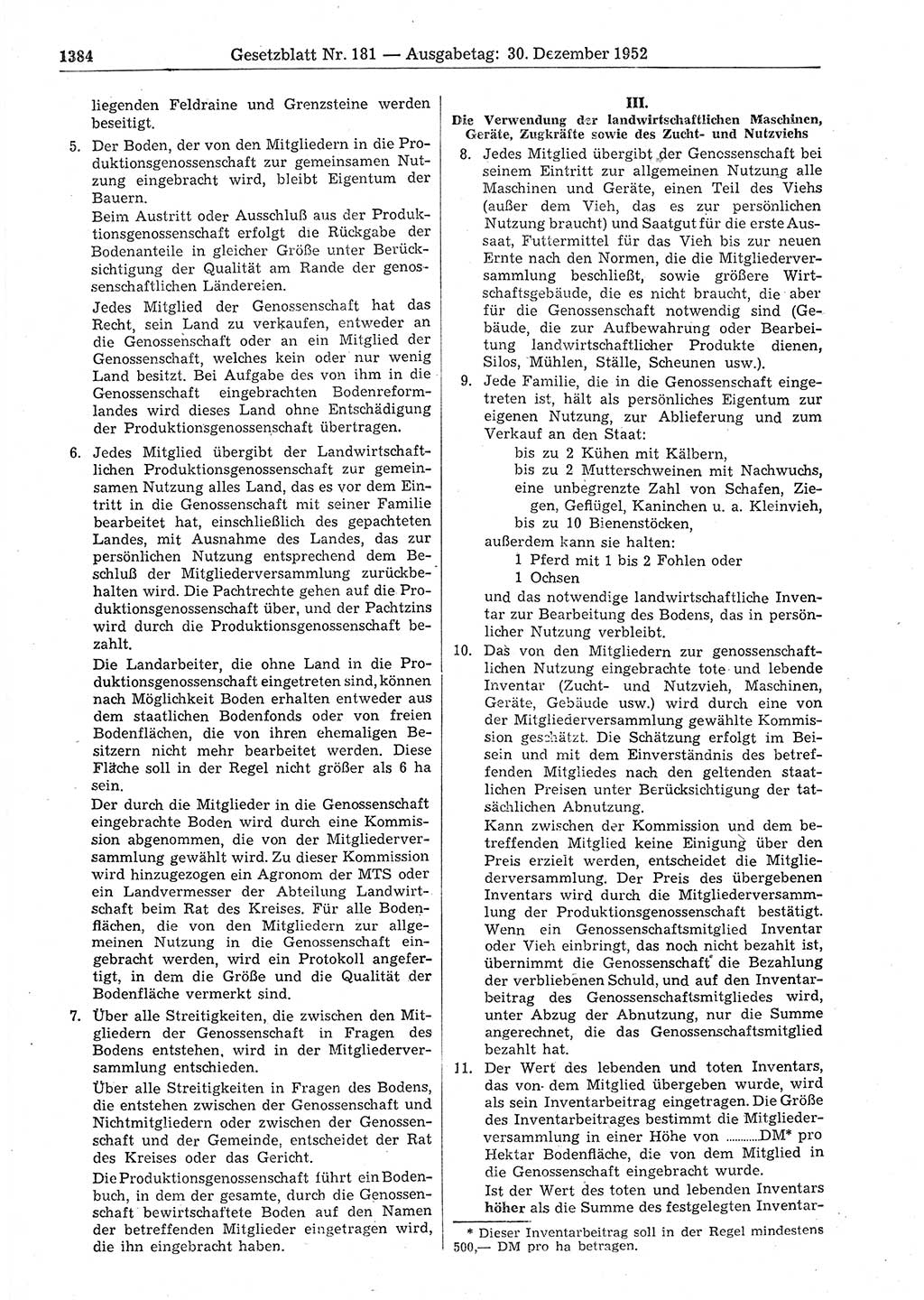 Gesetzblatt (GBl.) der Deutschen Demokratischen Republik (DDR) 1952, Seite 1384 (GBl. DDR 1952, S. 1384)