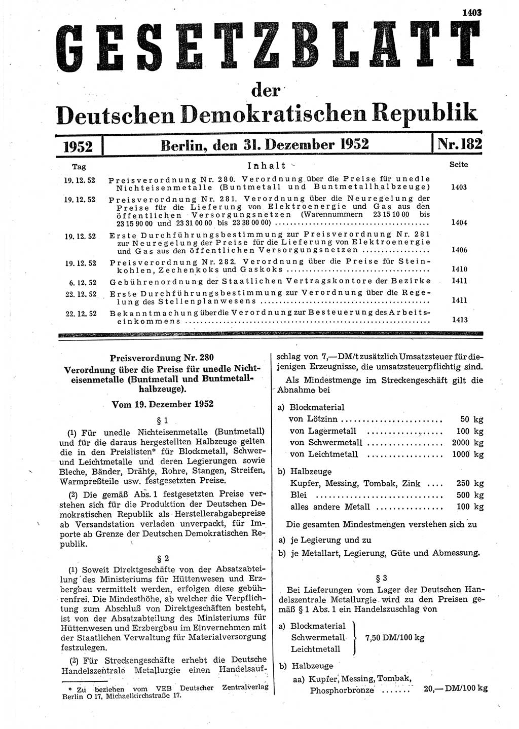 Gesetzblatt (GBl.) der Deutschen Demokratischen Republik (DDR) 1952, Seite 1403 (GBl. DDR 1952, S. 1403)