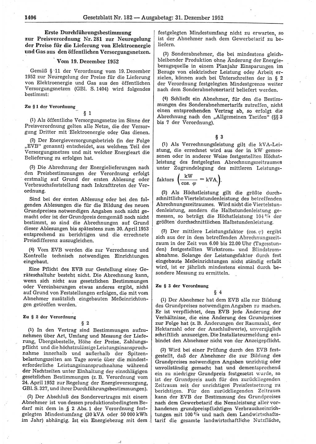Gesetzblatt (GBl.) der Deutschen Demokratischen Republik (DDR) 1952, Seite 1406 (GBl. DDR 1952, S. 1406)