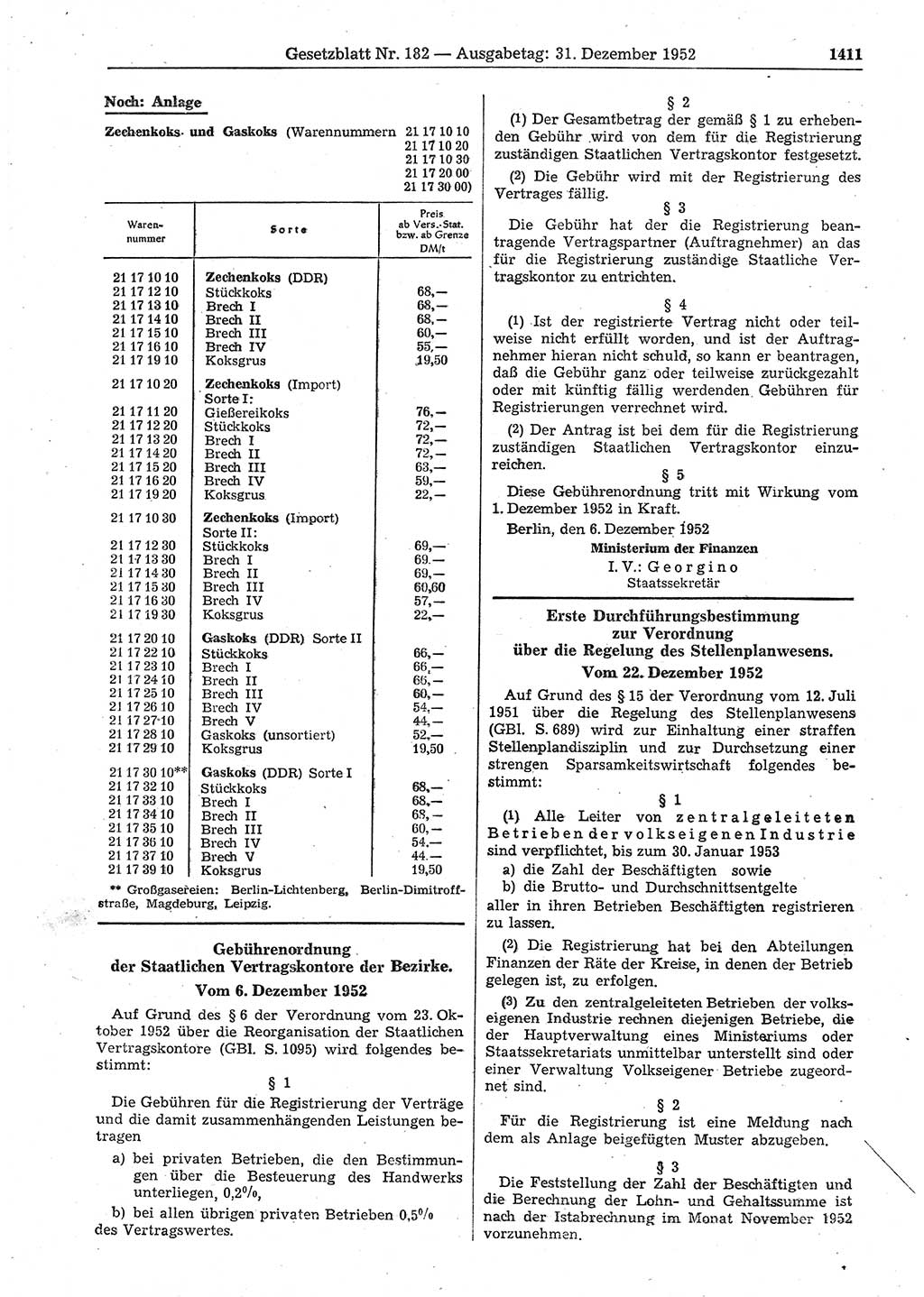 Gesetzblatt (GBl.) der Deutschen Demokratischen Republik (DDR) 1952, Seite 1411 (GBl. DDR 1952, S. 1411)