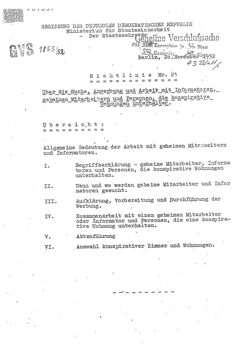 Richtlinie Nr. 21 über die Suche, Anwerbung und Arbeit mit Informatoren, geheimen Mitarbeitern und Personen, die konspirative Wohnungen unterhalten, Deutschen Demokratischen Republik (DDR), Ministerium für Staatssicherheit (MfS), Der Staatssekretär (Mielke), Geheime Verschlußsache (GVS) 1855/52, Berlin 1952, Seite 0 (RL 21 DDR MfS Sts. GVS 1855/52 1952, S. 0)