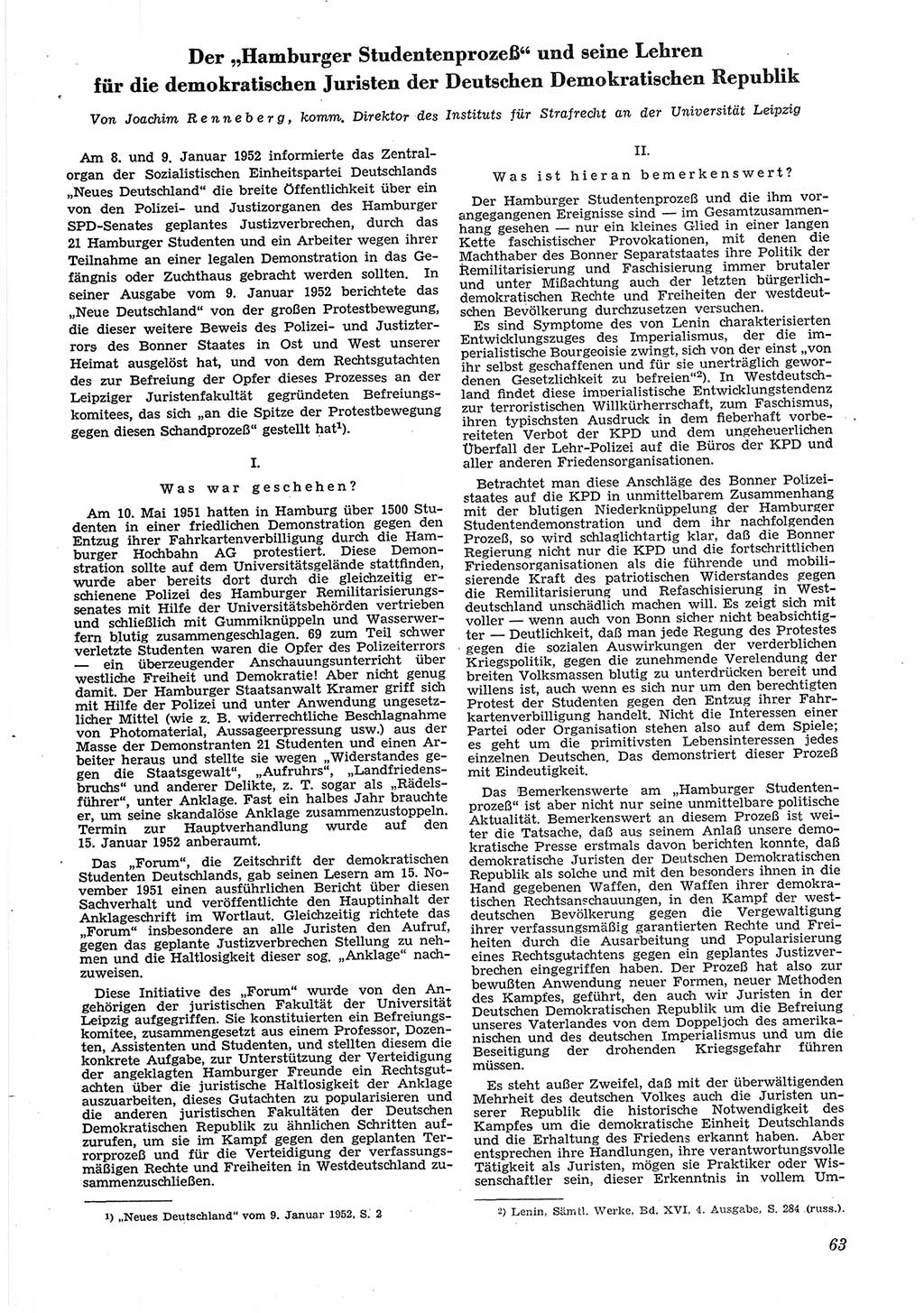 Neue Justiz (NJ), Zeitschrift für Recht und Rechtswissenschaft [Deutsche Demokratische Republik (DDR)], 6. Jahrgang 1952, Seite 63 (NJ DDR 1952, S. 63)