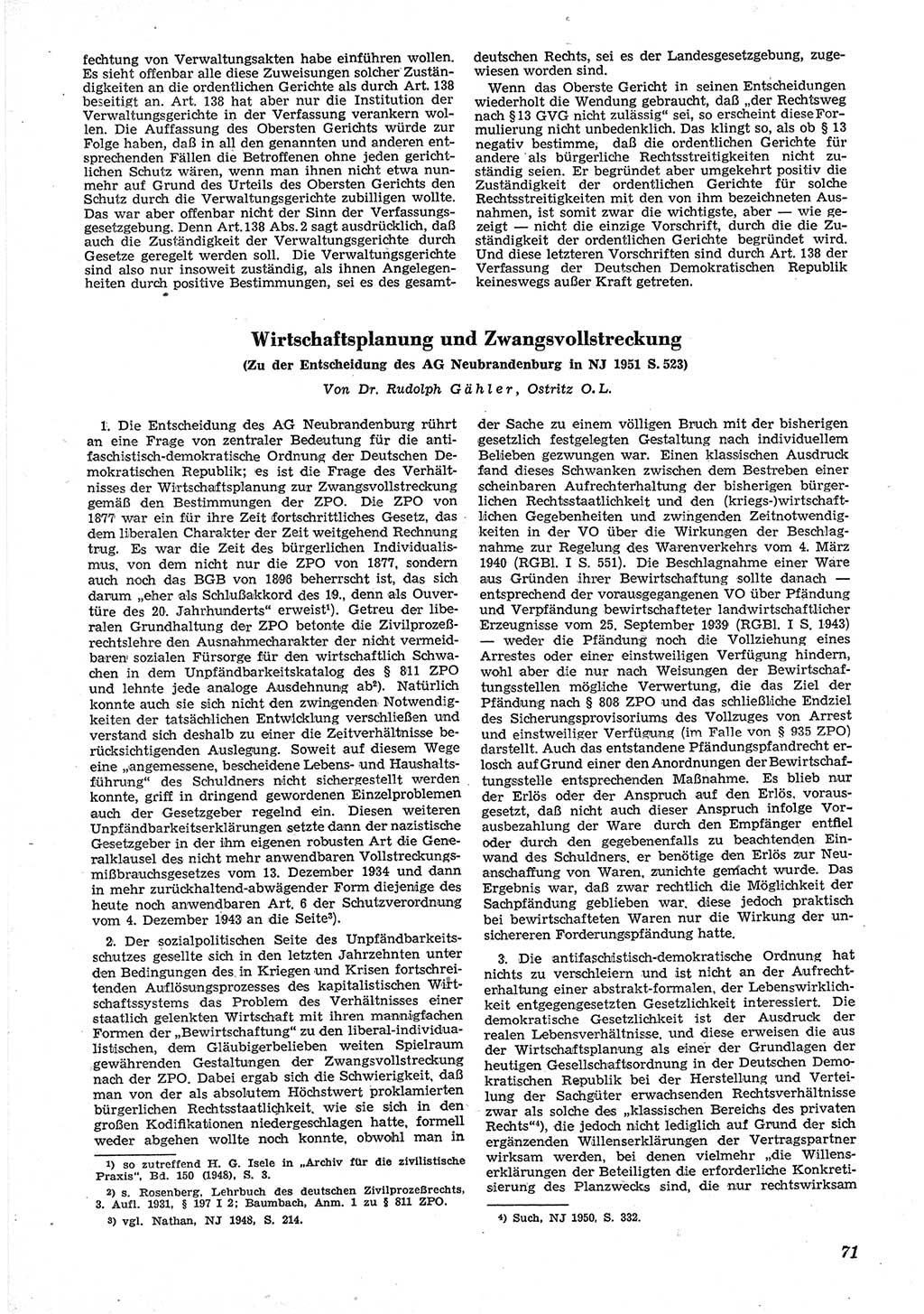 Neue Justiz (NJ), Zeitschrift für Recht und Rechtswissenschaft [Deutsche Demokratische Republik (DDR)], 6. Jahrgang 1952, Seite 71 (NJ DDR 1952, S. 71)