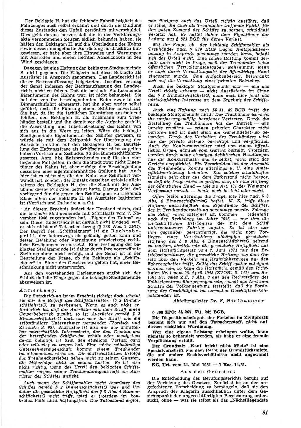 Neue Justiz (NJ), Zeitschrift für Recht und Rechtswissenschaft [Deutsche Demokratische Republik (DDR)], 6. Jahrgang 1952, Seite 91 (NJ DDR 1952, S. 91)