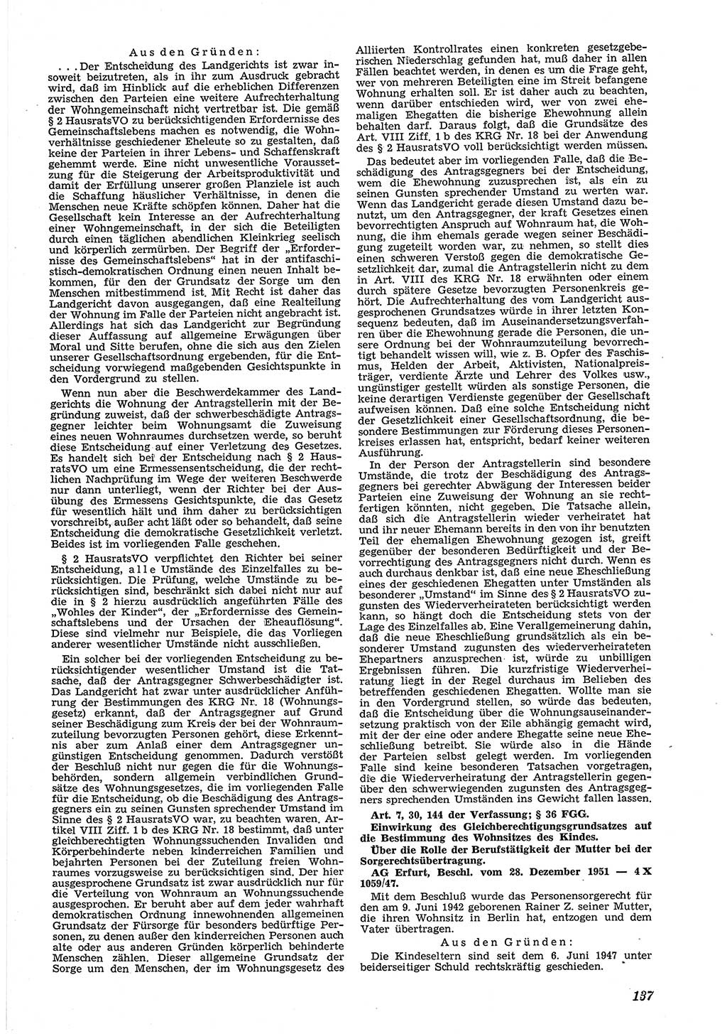 Neue Justiz (NJ), Zeitschrift für Recht und Rechtswissenschaft [Deutsche Demokratische Republik (DDR)], 6. Jahrgang 1952, Seite 137 (NJ DDR 1952, S. 137)