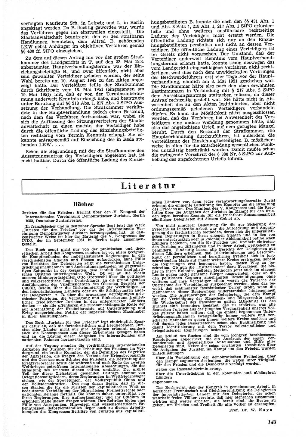 Neue Justiz (NJ), Zeitschrift für Recht und Rechtswissenschaft [Deutsche Demokratische Republik (DDR)], 6. Jahrgang 1952, Seite 143 (NJ DDR 1952, S. 143)