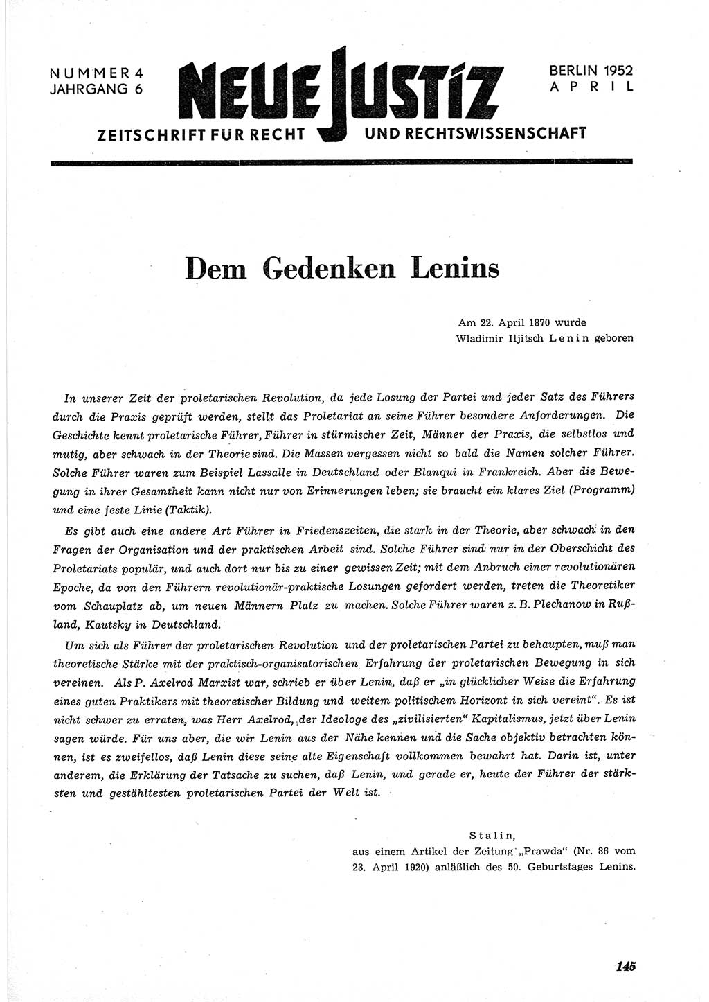 Neue Justiz (NJ), Zeitschrift für Recht und Rechtswissenschaft [Deutsche Demokratische Republik (DDR)], 6. Jahrgang 1952, Seite 145 (NJ DDR 1952, S. 145)