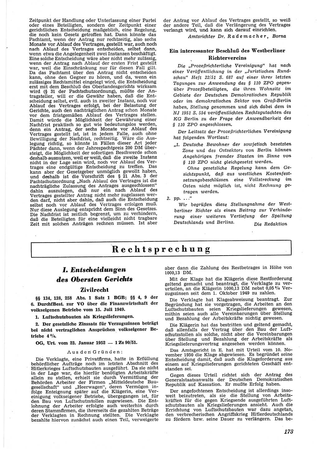 Neue Justiz (NJ), Zeitschrift für Recht und Rechtswissenschaft [Deutsche Demokratische Republik (DDR)], 6. Jahrgang 1952, Seite 173 (NJ DDR 1952, S. 173)