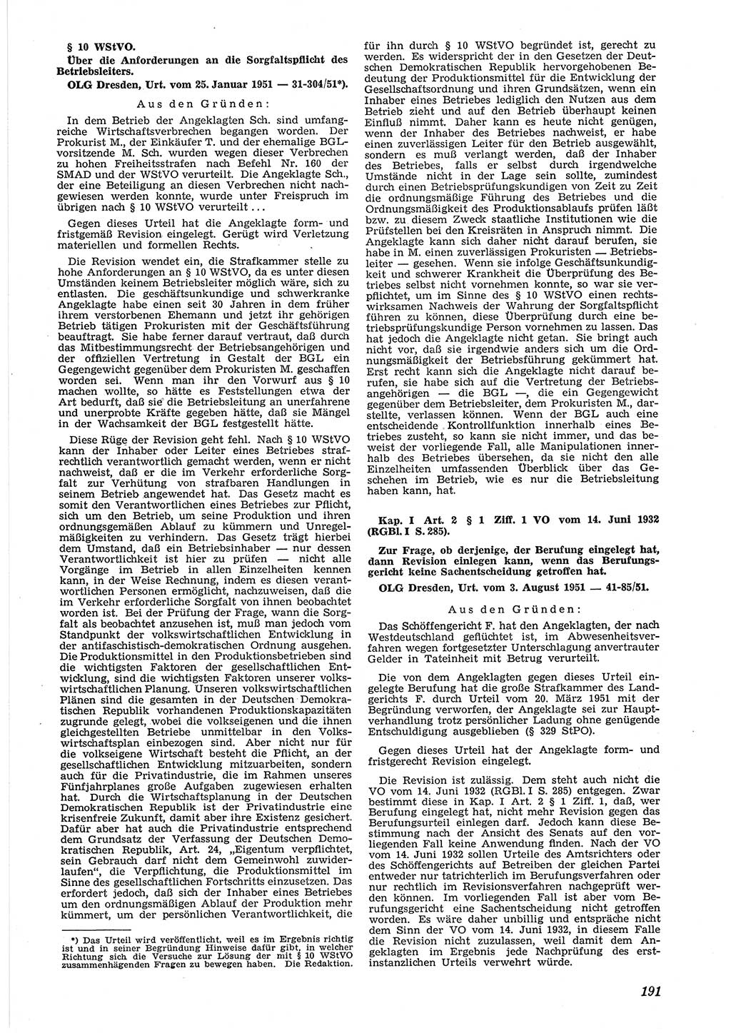 Neue Justiz (NJ), Zeitschrift für Recht und Rechtswissenschaft [Deutsche Demokratische Republik (DDR)], 6. Jahrgang 1952, Seite 191 (NJ DDR 1952, S. 191)