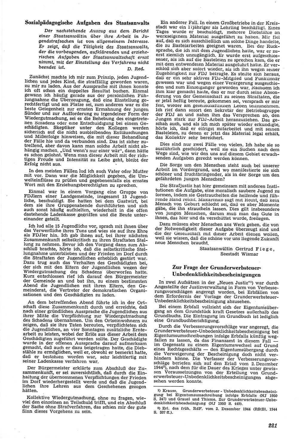 Neue Justiz (NJ), Zeitschrift für Recht und Rechtswissenschaft [Deutsche Demokratische Republik (DDR)], 6. Jahrgang 1952, Seite 221 (NJ DDR 1952, S. 221)