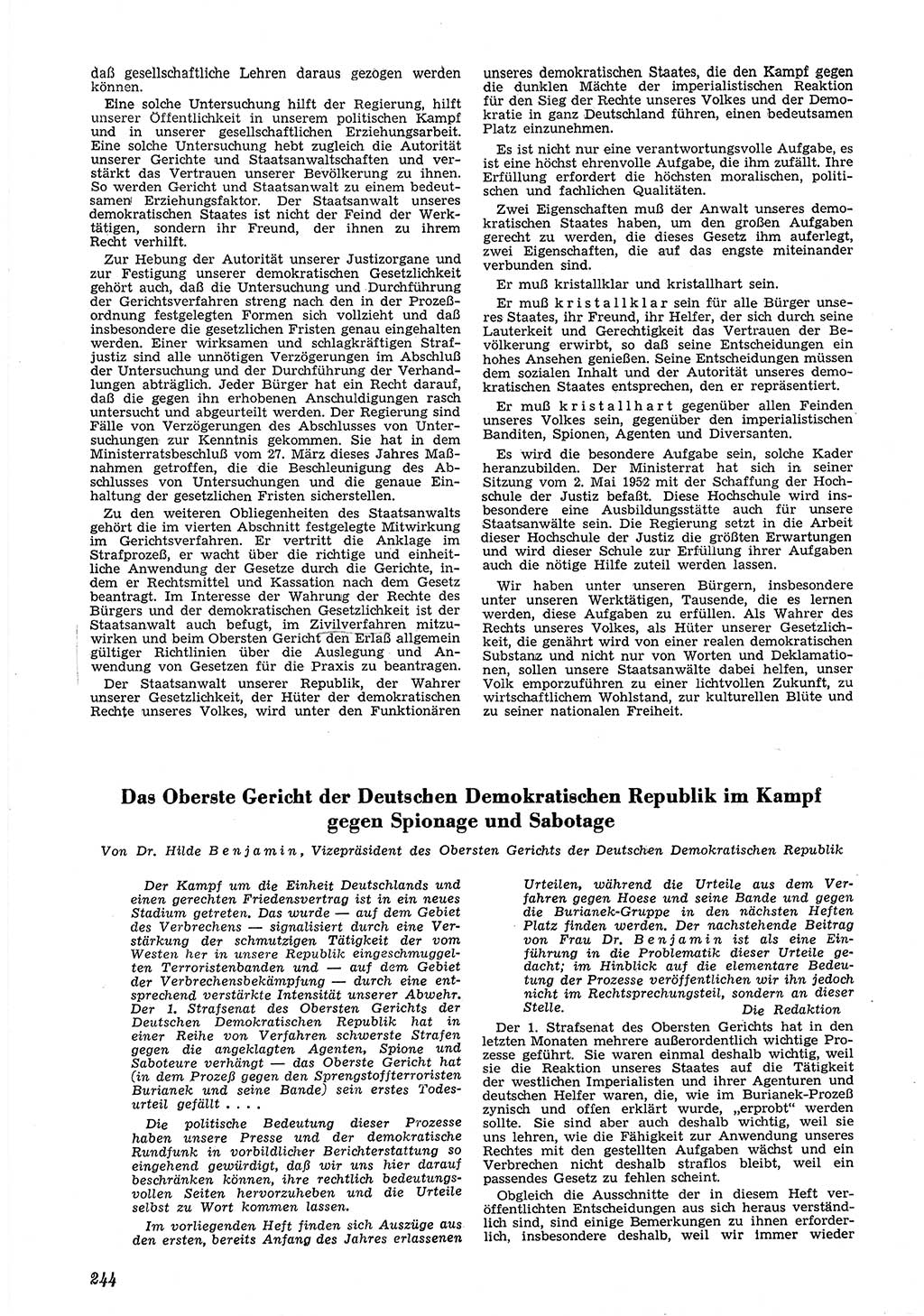 Neue Justiz (NJ), Zeitschrift für Recht und Rechtswissenschaft [Deutsche Demokratische Republik (DDR)], 6. Jahrgang 1952, Seite 244 (NJ DDR 1952, S. 244)