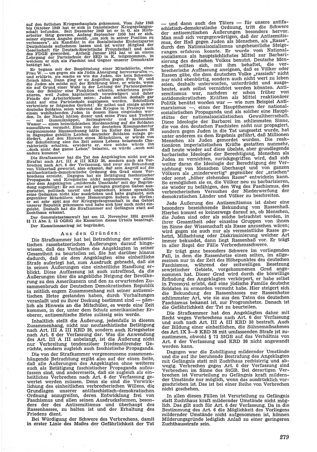 Neue Justiz (NJ), Zeitschrift für Recht und Rechtswissenschaft [Deutsche Demokratische Republik (DDR)], 6. Jahrgang 1952, Seite 279 (NJ DDR 1952, S. 279)