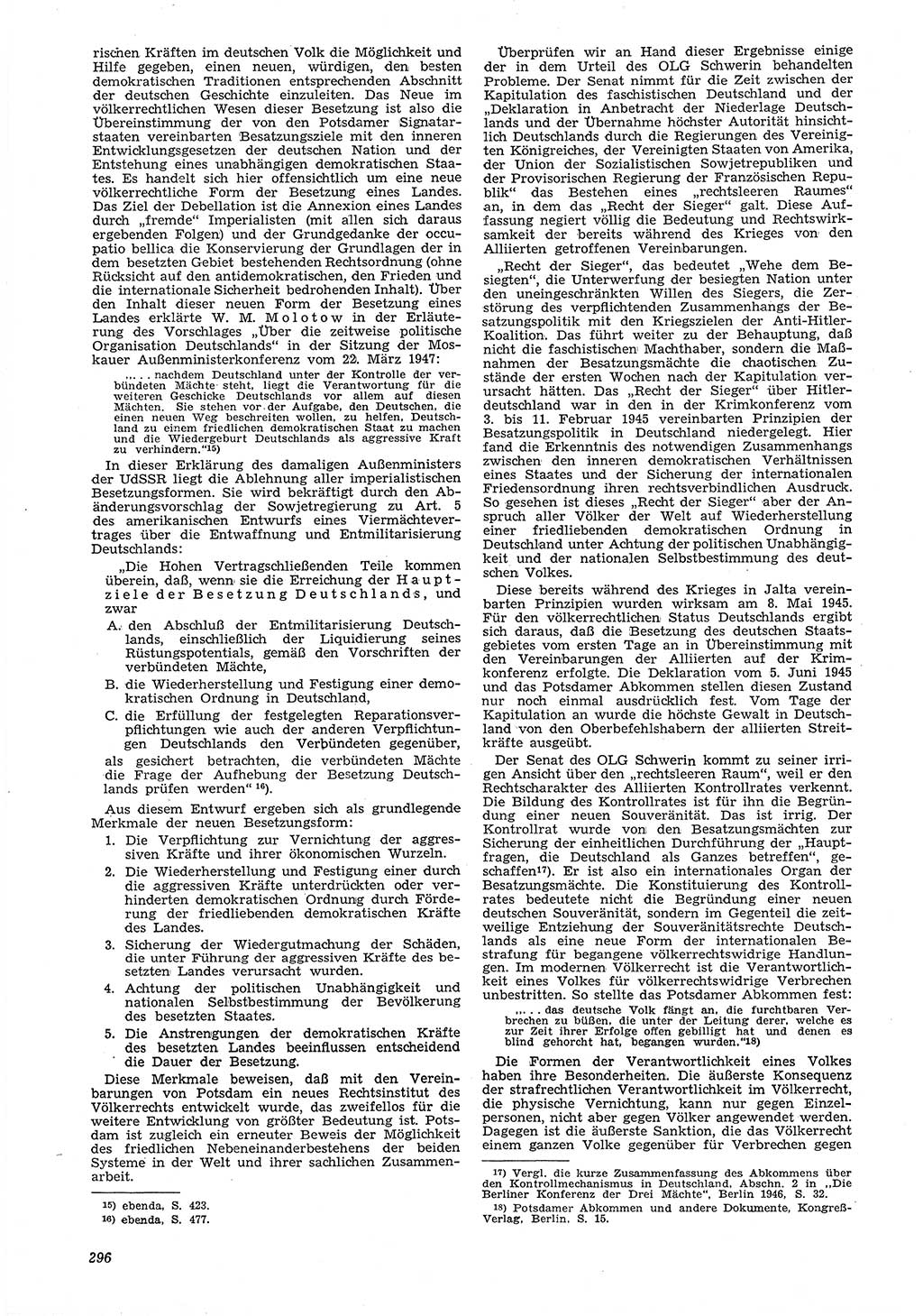 Neue Justiz (NJ), Zeitschrift für Recht und Rechtswissenschaft [Deutsche Demokratische Republik (DDR)], 6. Jahrgang 1952, Seite 296 (NJ DDR 1952, S. 296)