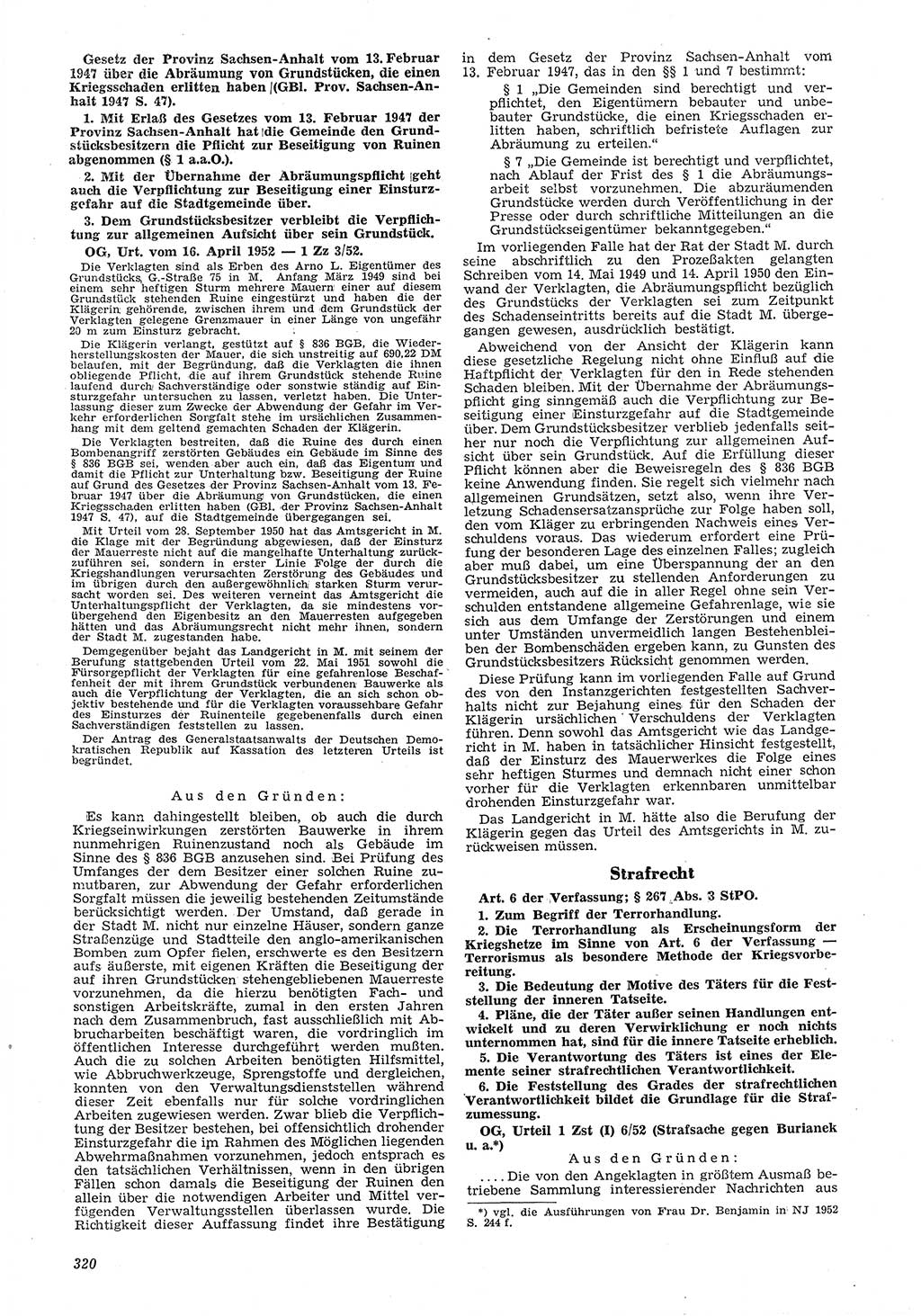 Neue Justiz (NJ), Zeitschrift für Recht und Rechtswissenschaft [Deutsche Demokratische Republik (DDR)], 6. Jahrgang 1952, Seite 320 (NJ DDR 1952, S. 320)