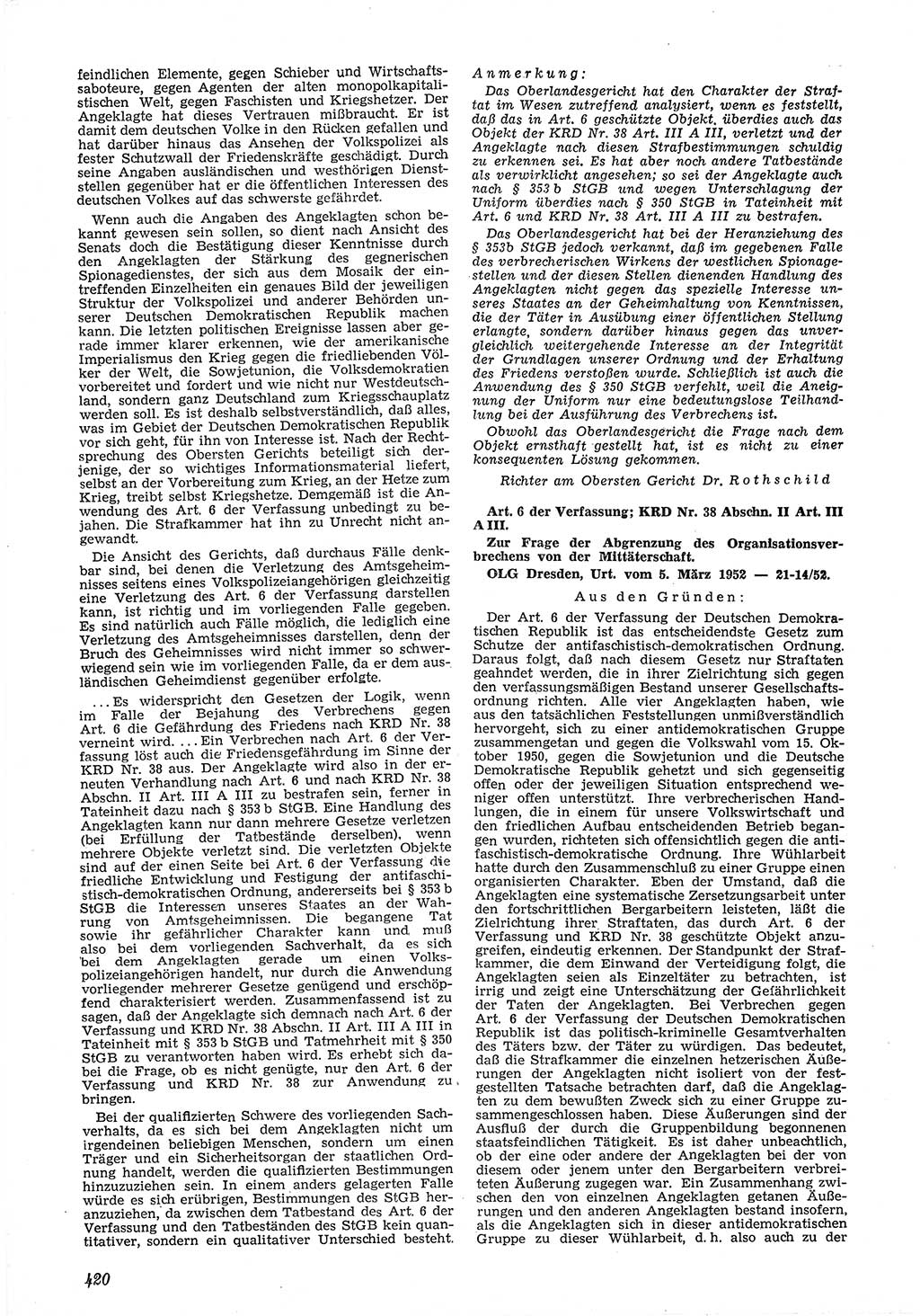Neue Justiz (NJ), Zeitschrift für Recht und Rechtswissenschaft [Deutsche Demokratische Republik (DDR)], 6. Jahrgang 1952, Seite 420 (NJ DDR 1952, S. 420)