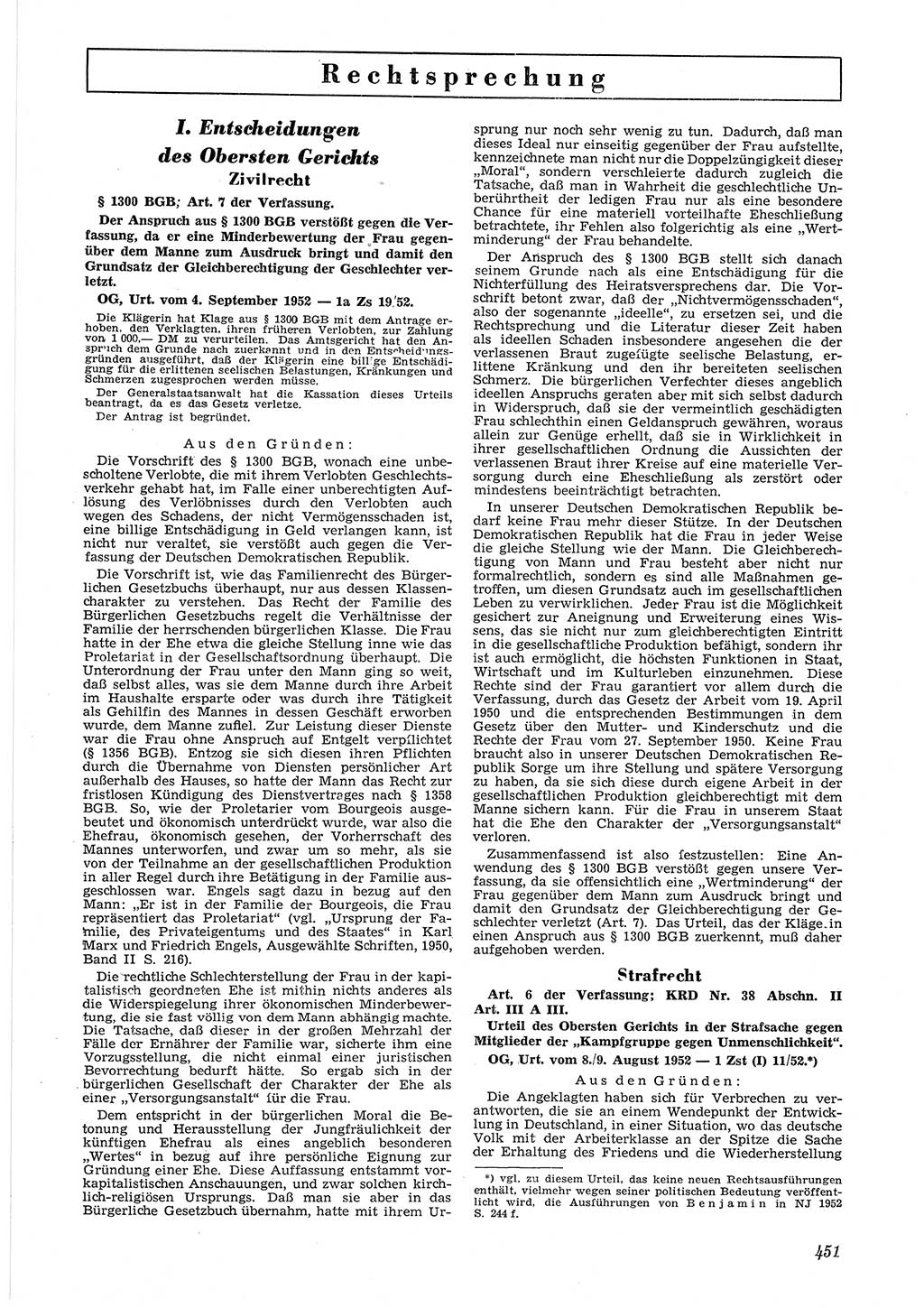 Neue Justiz (NJ), Zeitschrift für Recht und Rechtswissenschaft [Deutsche Demokratische Republik (DDR)], 6. Jahrgang 1952, Seite 451 (NJ DDR 1952, S. 451)
