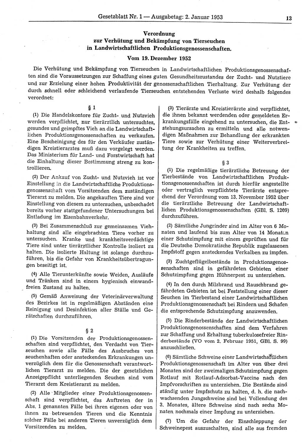 Gesetzblatt (GBl.) der Deutschen Demokratischen Republik (DDR) 1953, Seite 13 (GBl. DDR 1953, S. 13)