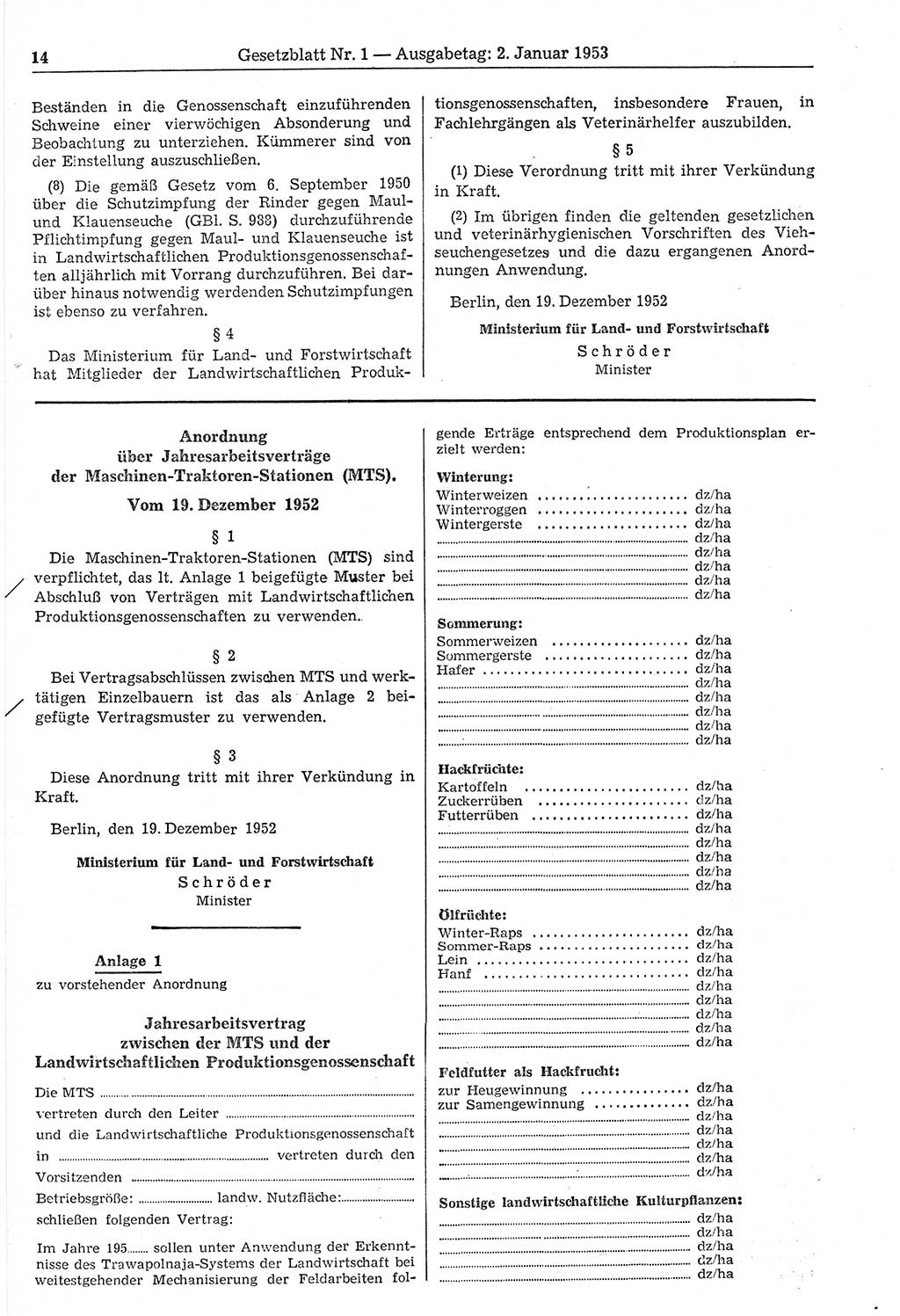 Gesetzblatt (GBl.) der Deutschen Demokratischen Republik (DDR) 1953, Seite 14 (GBl. DDR 1953, S. 14)