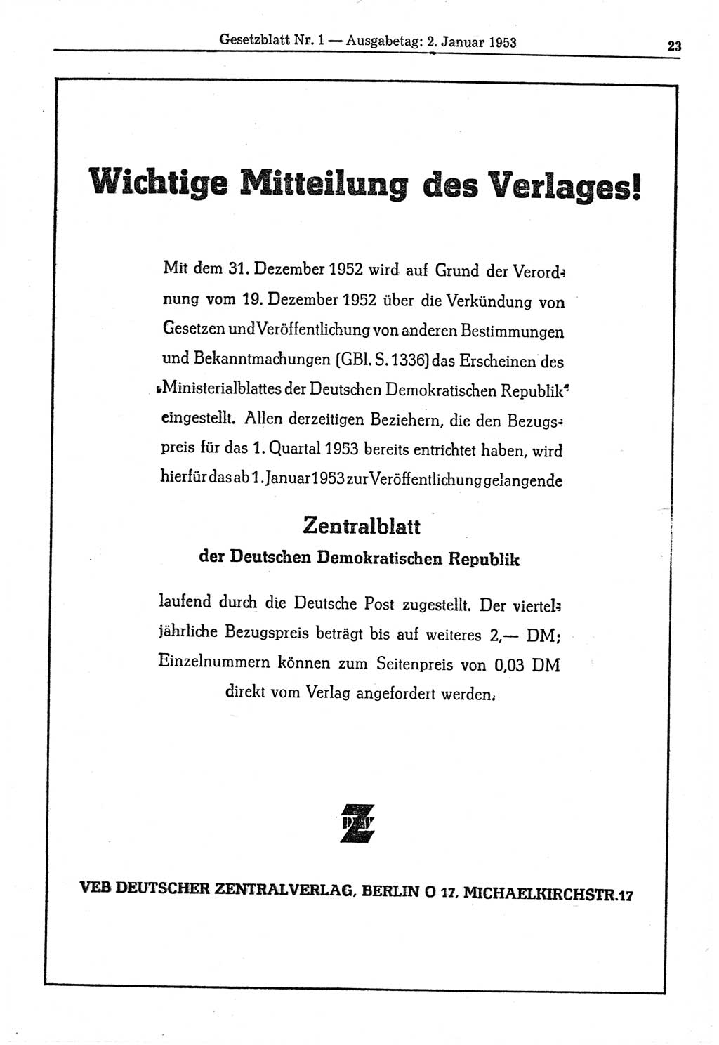 Gesetzblatt (GBl.) der Deutschen Demokratischen Republik (DDR) 1953, Seite 23 (GBl. DDR 1953, S. 23)