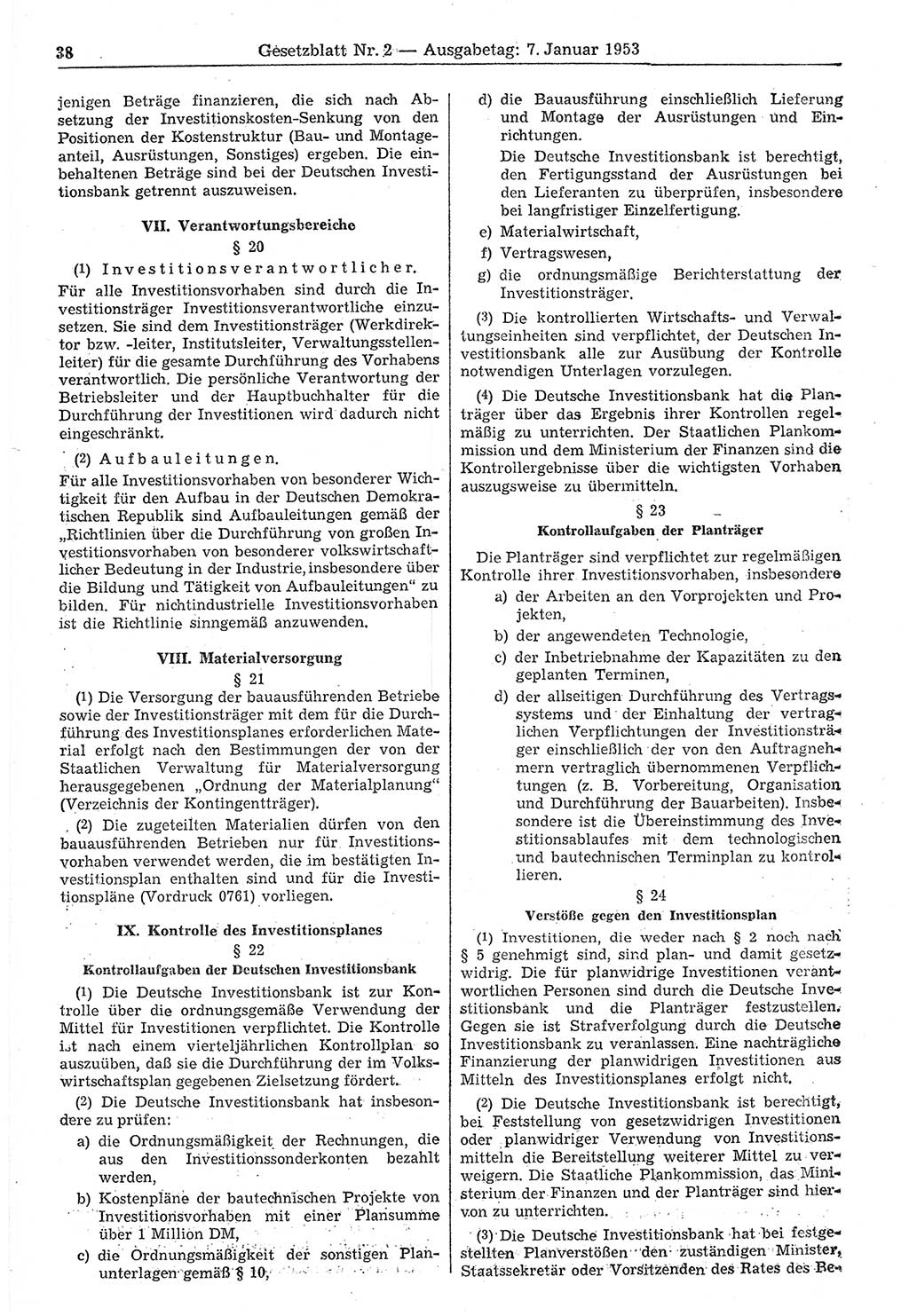 Gesetzblatt (GBl.) der Deutschen Demokratischen Republik (DDR) 1953, Seite 38 (GBl. DDR 1953, S. 38)