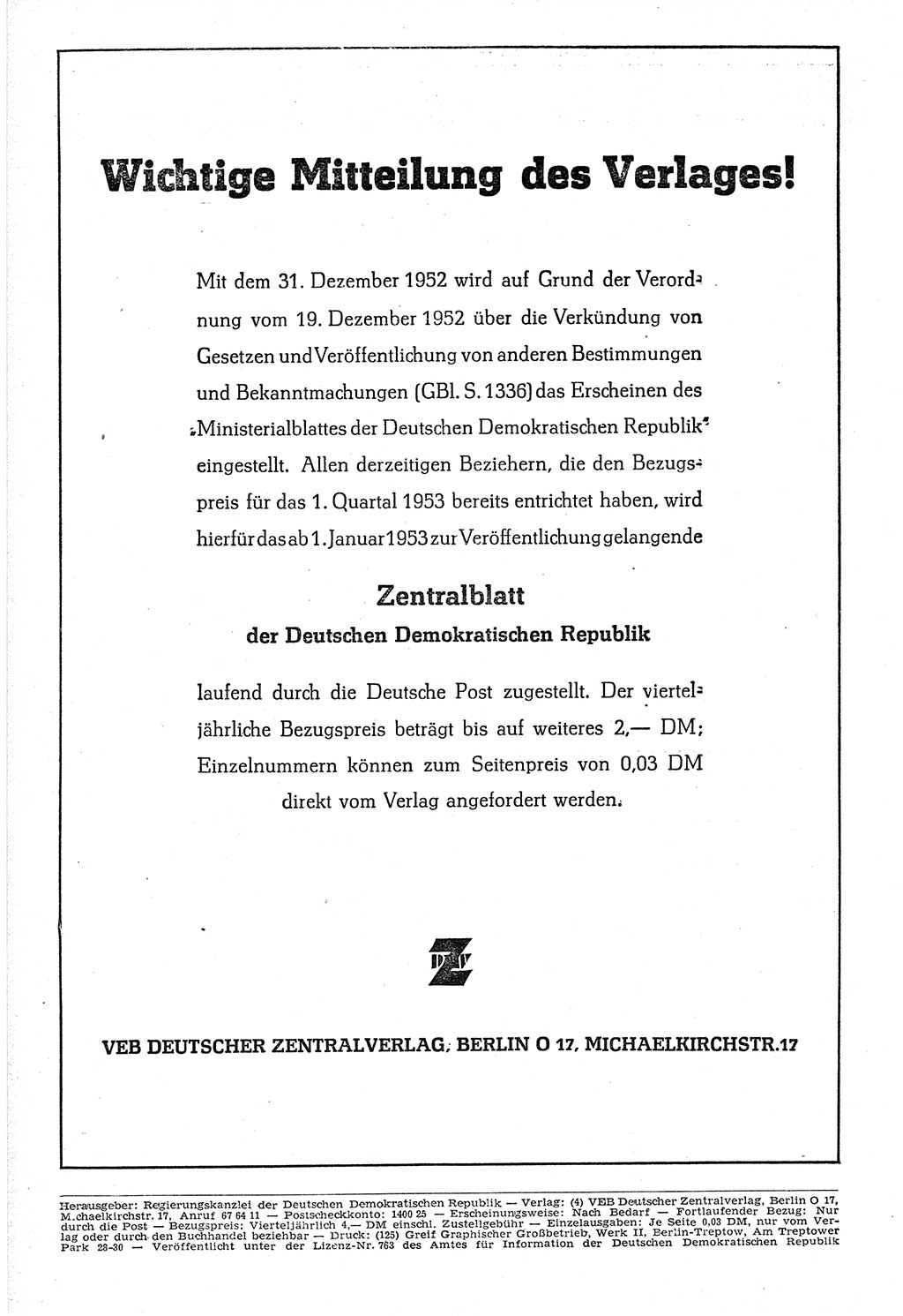 Gesetzblatt (GBl.) der Deutschen Demokratischen Republik (DDR) 1953, Seite 68 (GBl. DDR 1953, S. 68)