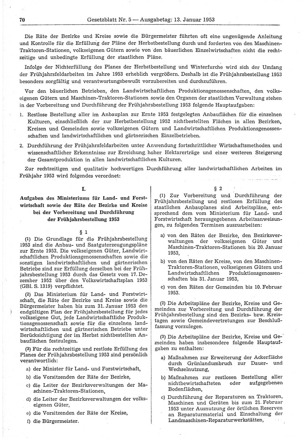 Gesetzblatt (GBl.) der Deutschen Demokratischen Republik (DDR) 1953, Seite 70 (GBl. DDR 1953, S. 70)